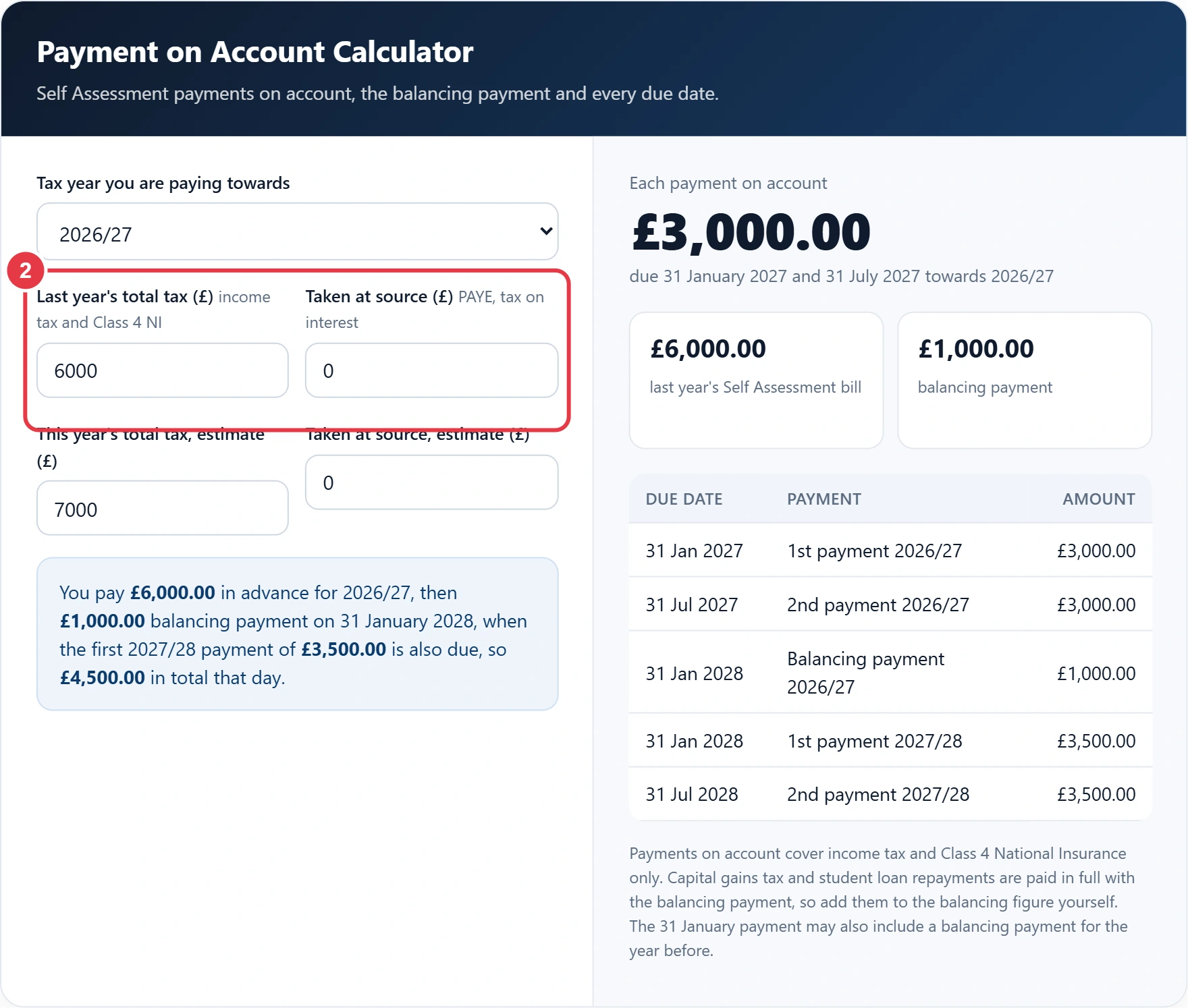 Step 2: enter last year's tax and the tax taken at source