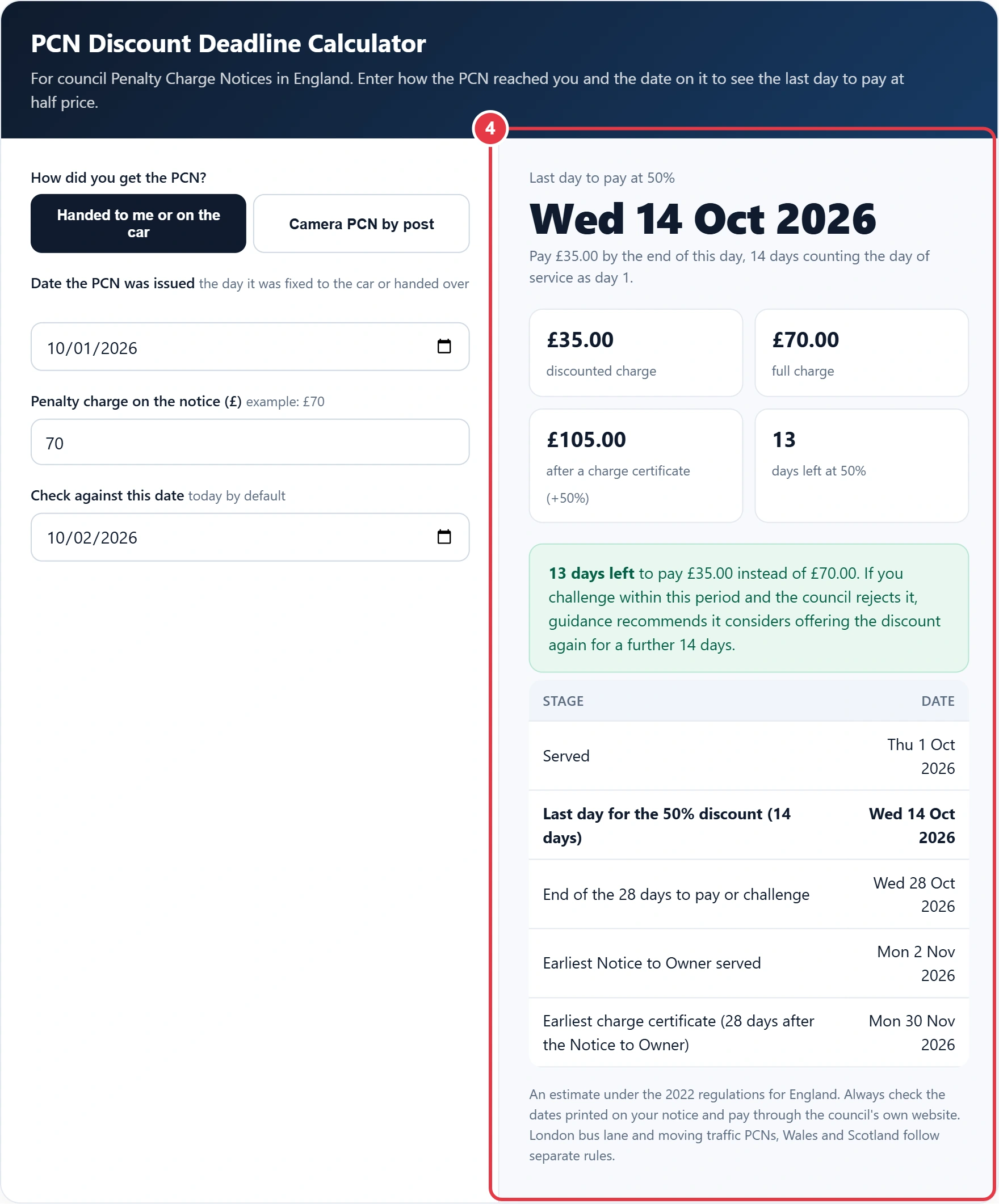Step 4: read the discount deadline, amounts and enforcement timeline
