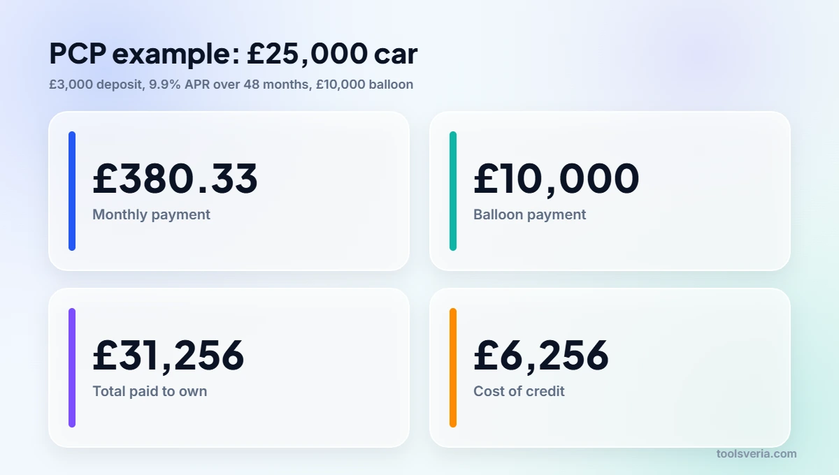 PCP car finance explained with a £25,000 car example showing the monthly payment, balloon and total cost