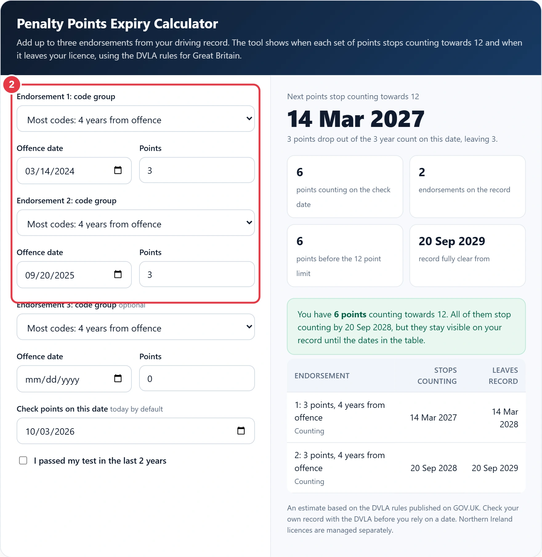 Step 2: enter the offence date, conviction date and points