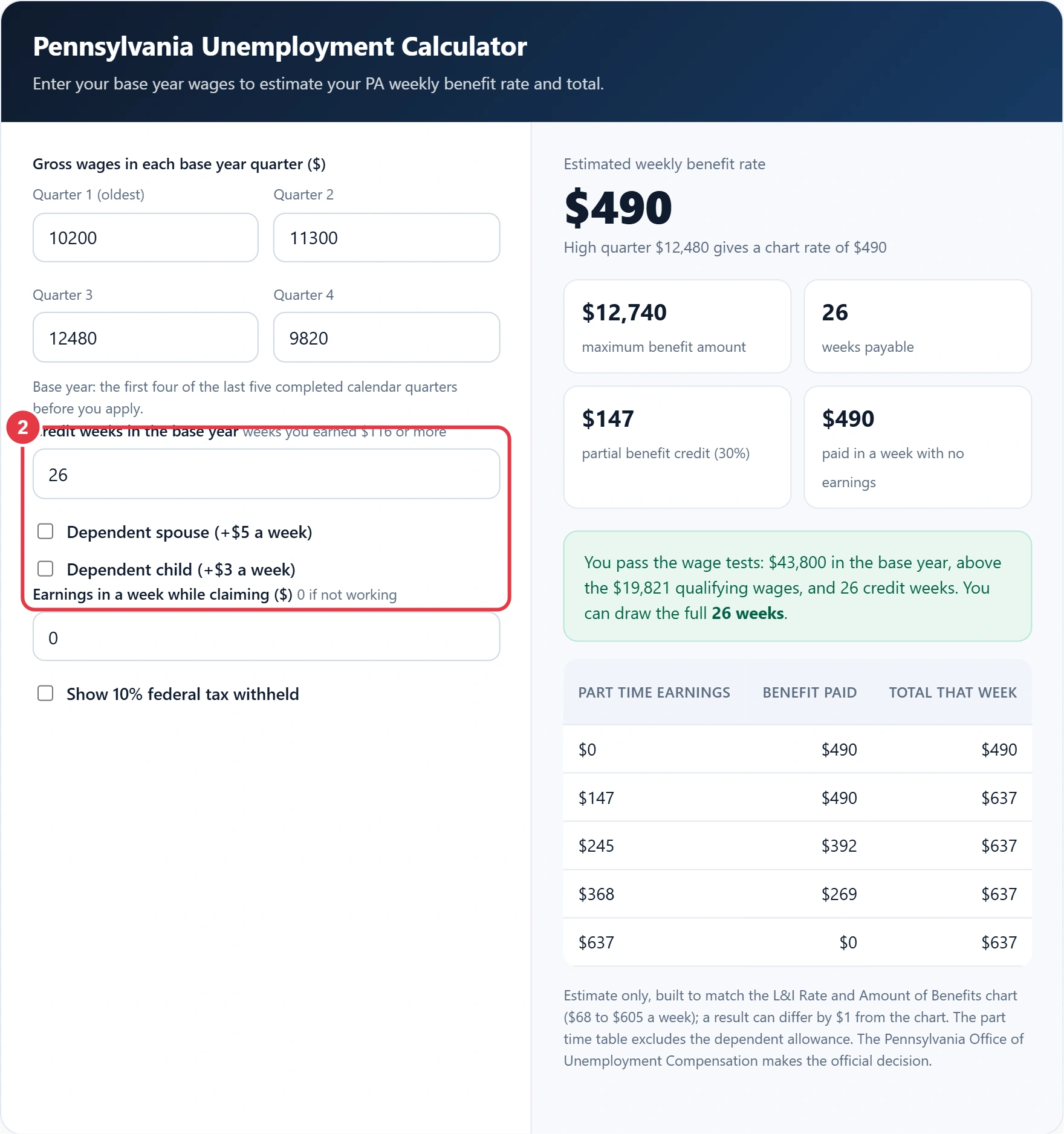 Step 2: enter credit weeks and tick any dependent spouse or child