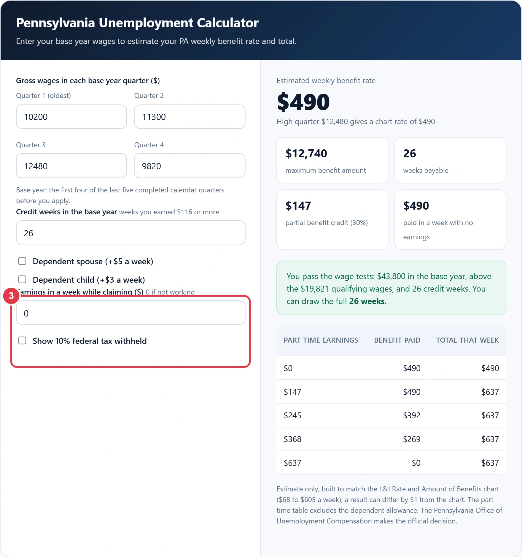 Step 3: enter part time earnings and choose 10% federal withholding