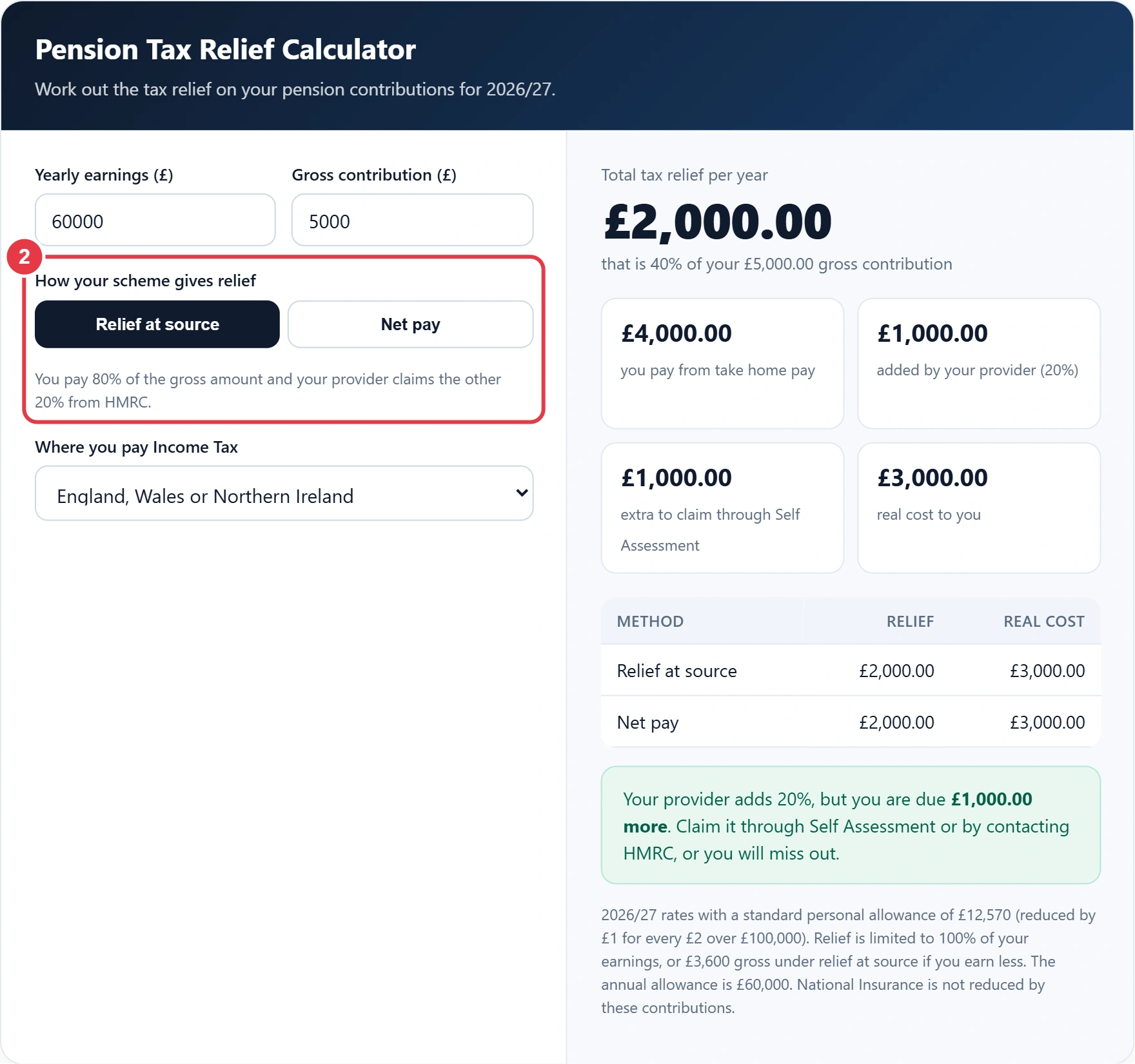 Step 2: choose relief at source or net pay