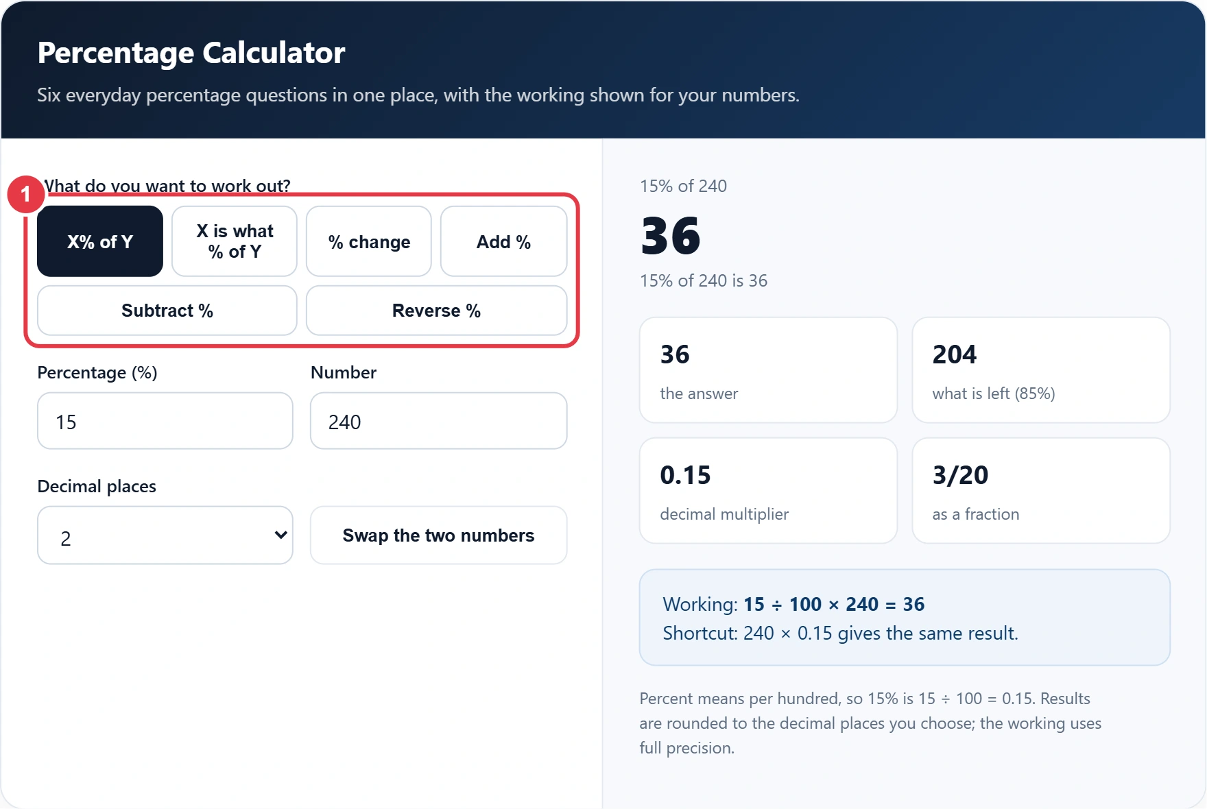 Step 1: choose the percentage question, from X% of Y to reverse percentage