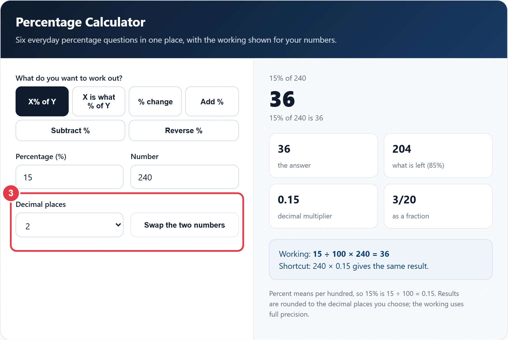 Step 3: choose decimal places and swap the numbers if needed