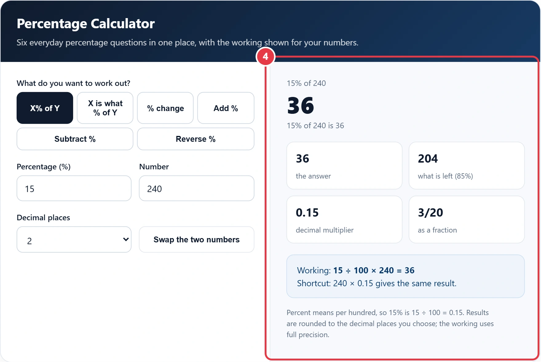 Step 4: read the percentage answer and the working out