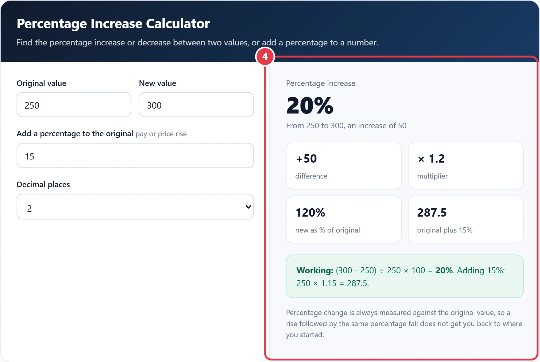 Step 4: read the percentage change and working