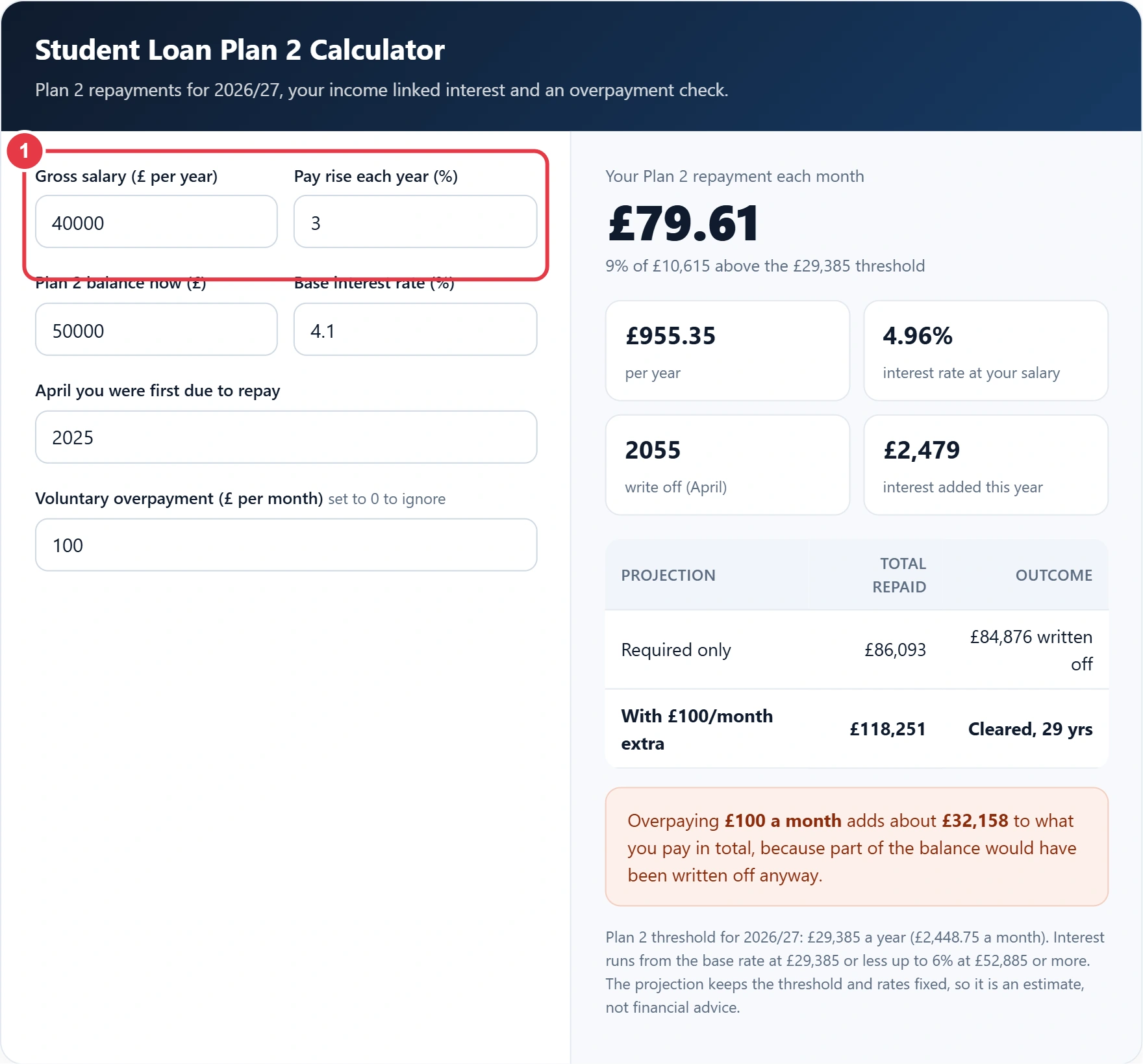Step 1: enter your salary and expected pay rises