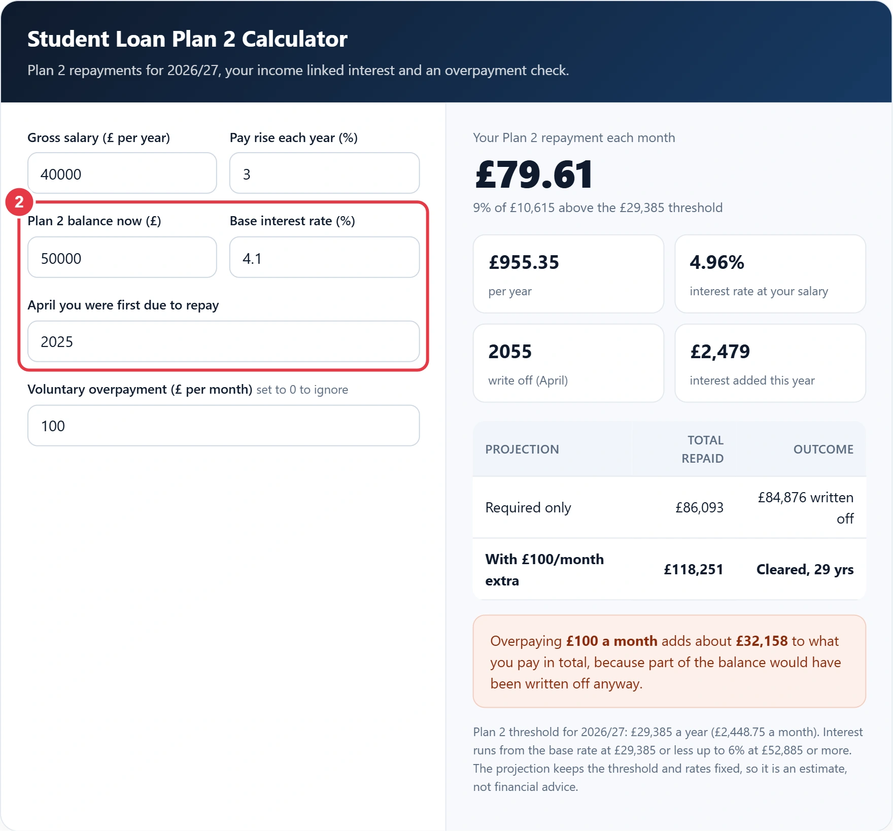 Step 2: enter your Plan 2 balance, base interest rate and first repayment year