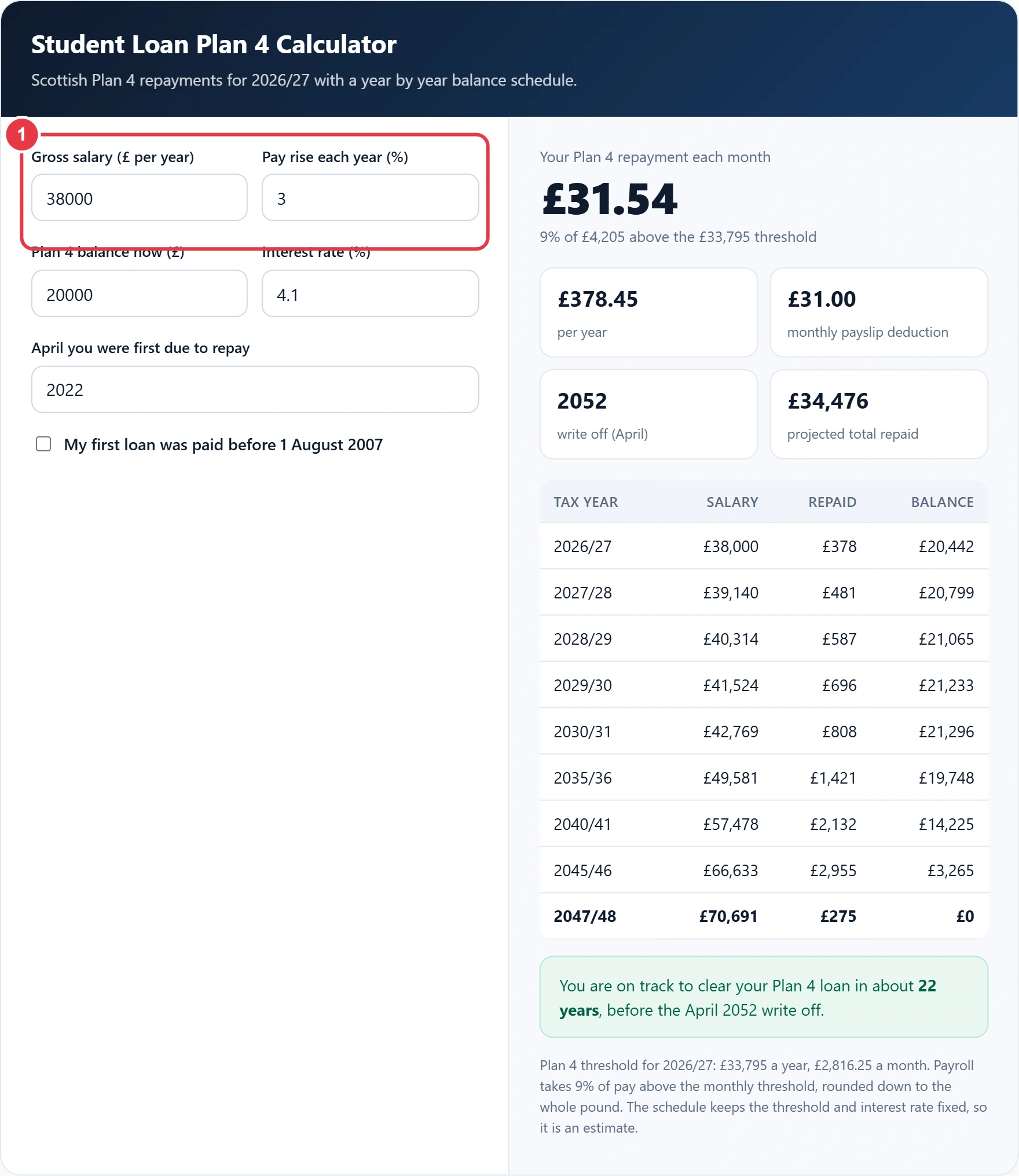 Step 1: enter your salary and expected pay rises