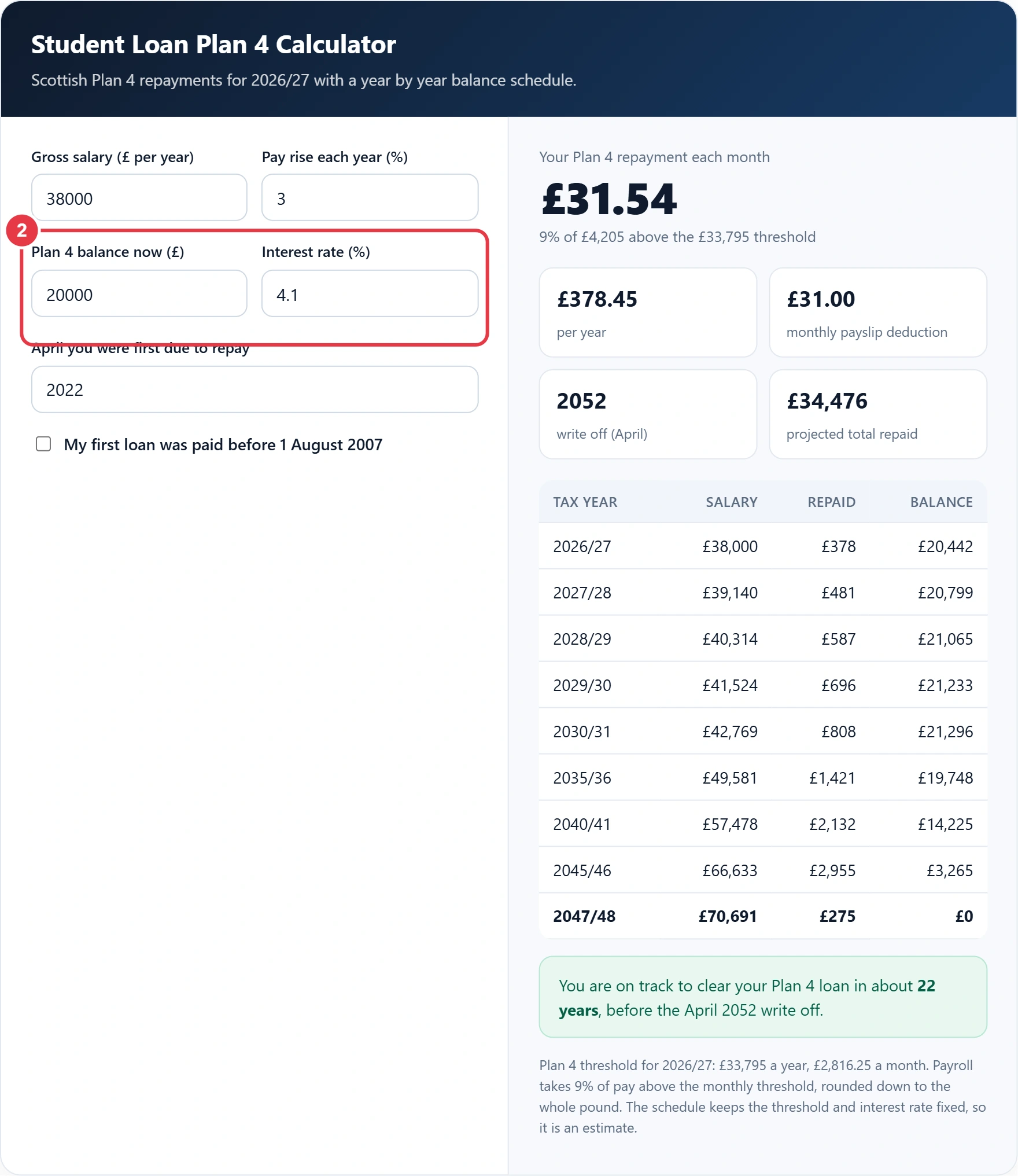 Step 2: enter your Plan 4 balance and interest rate