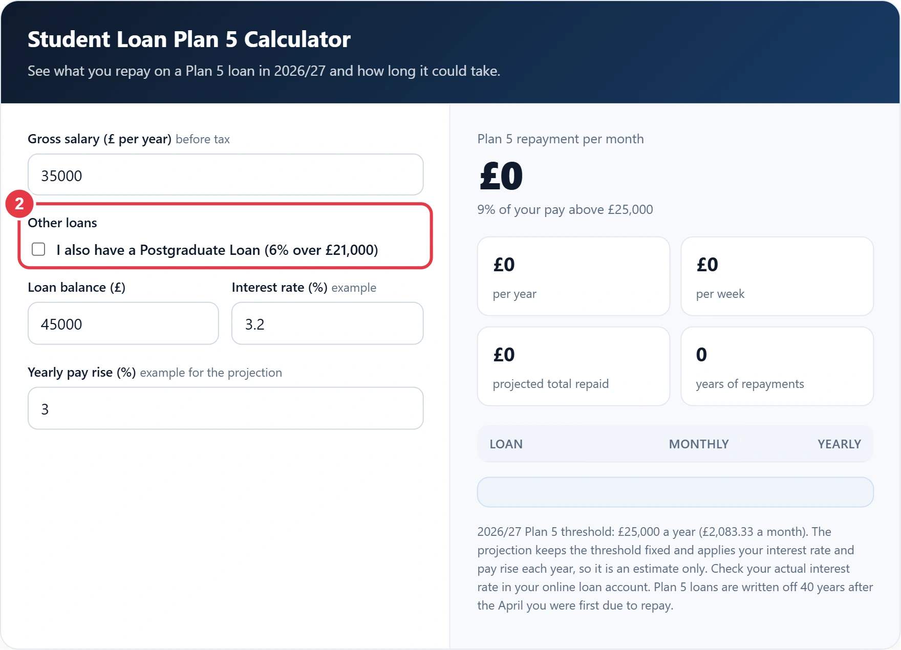 Step 2: tick the box if you also have a Postgraduate Loan