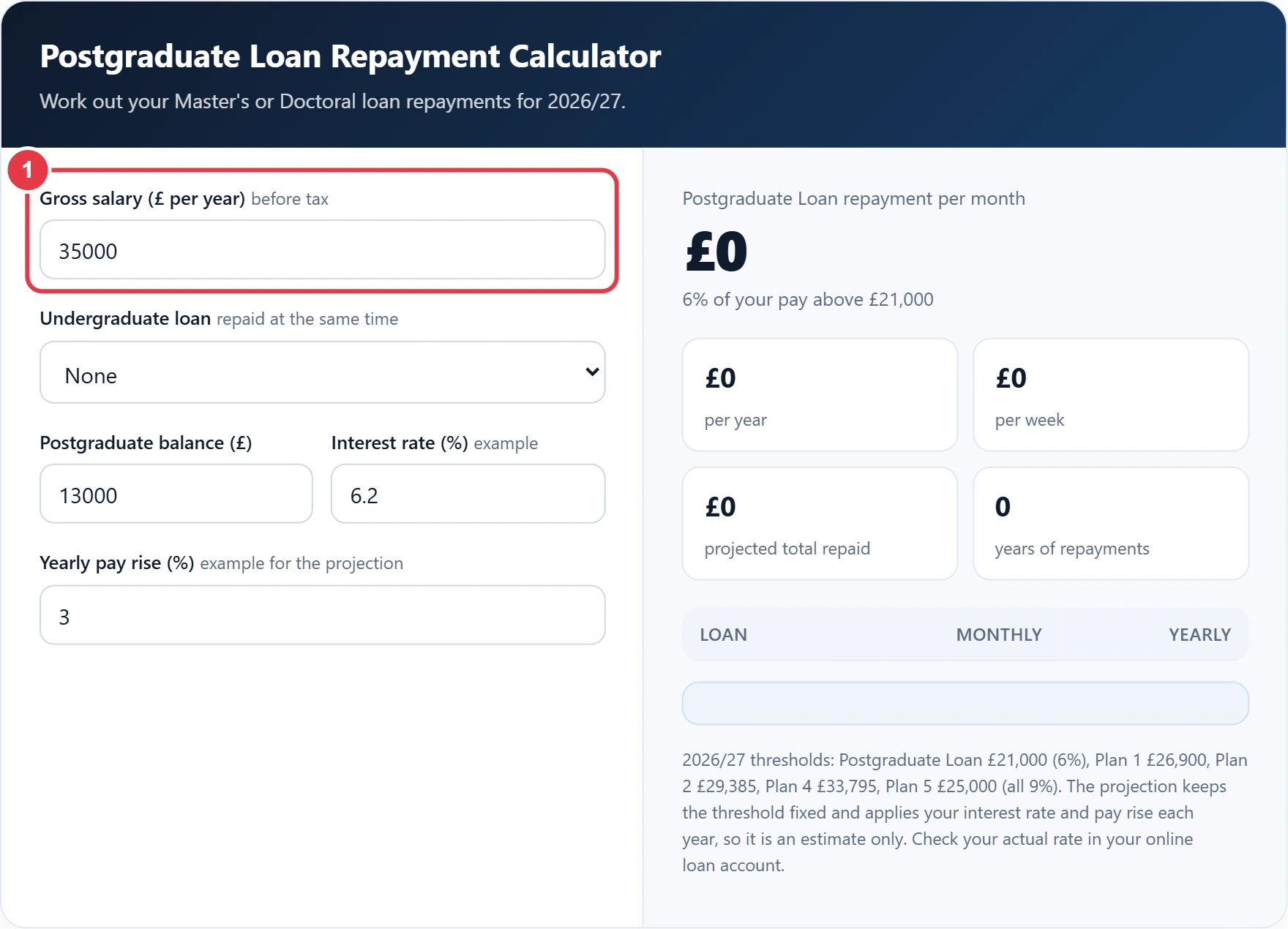 Step 1: enter your gross yearly salary