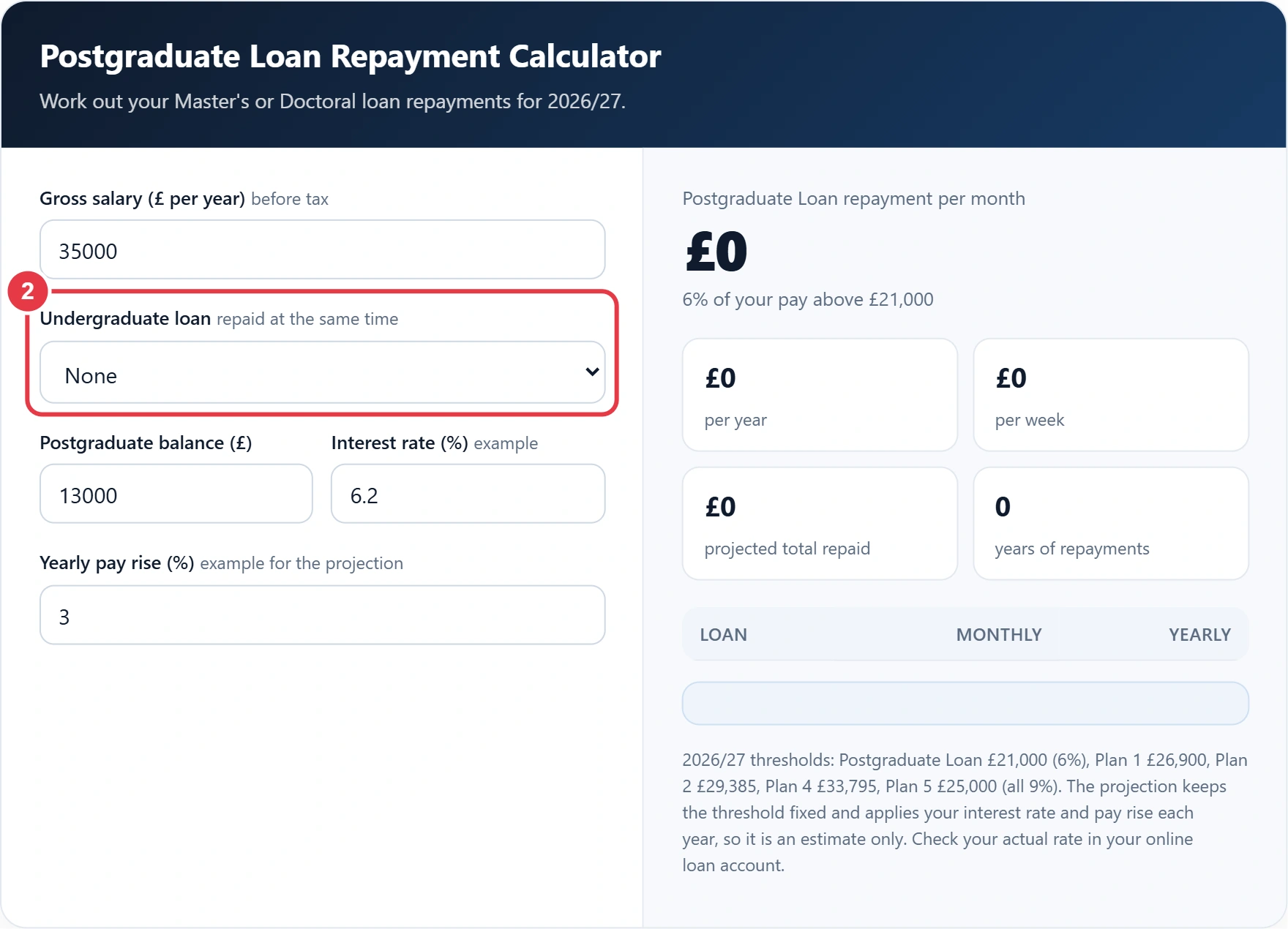 Step 2: choose your undergraduate loan plan if you have one