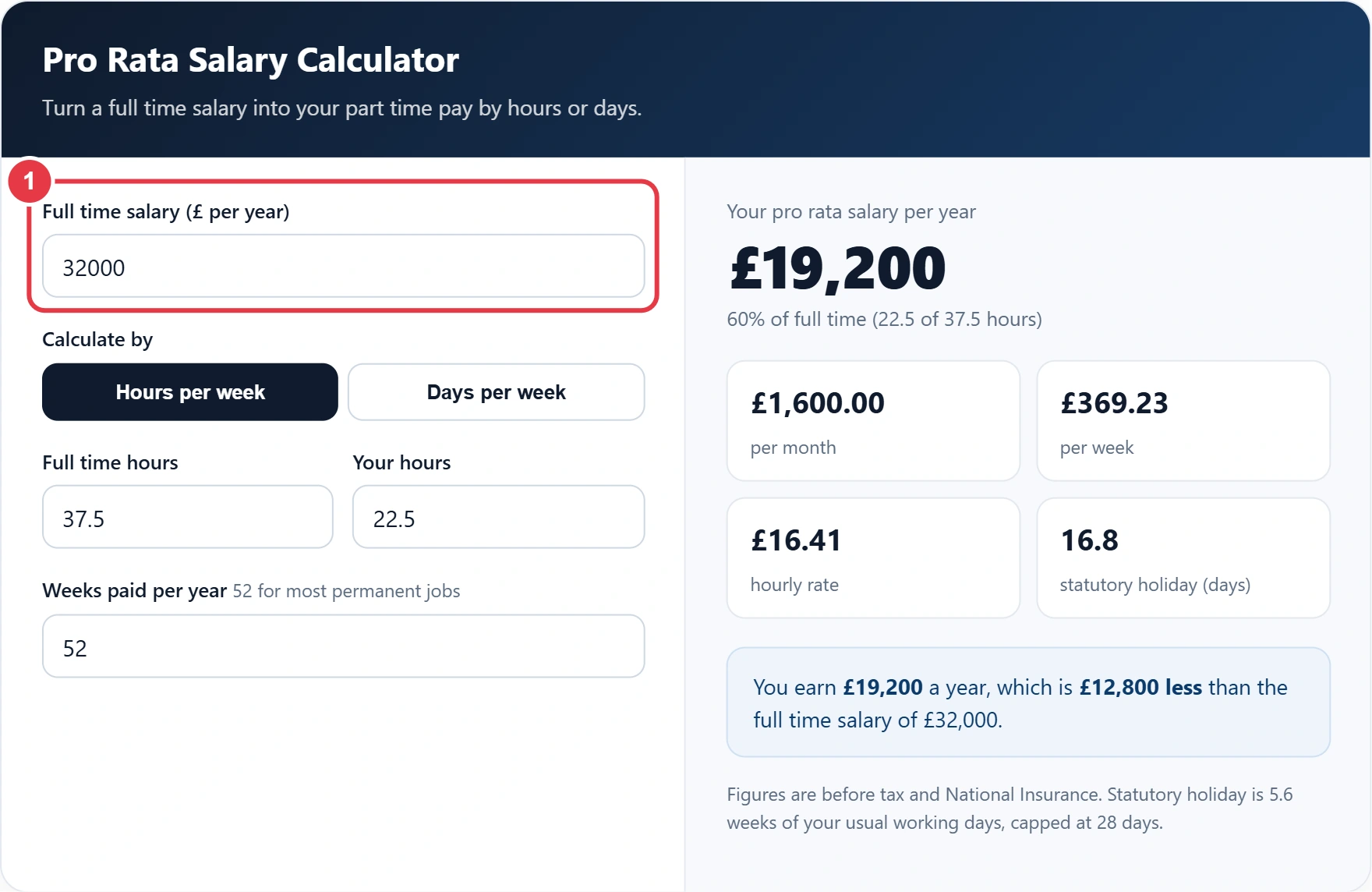 Step 1: enter the full time salary