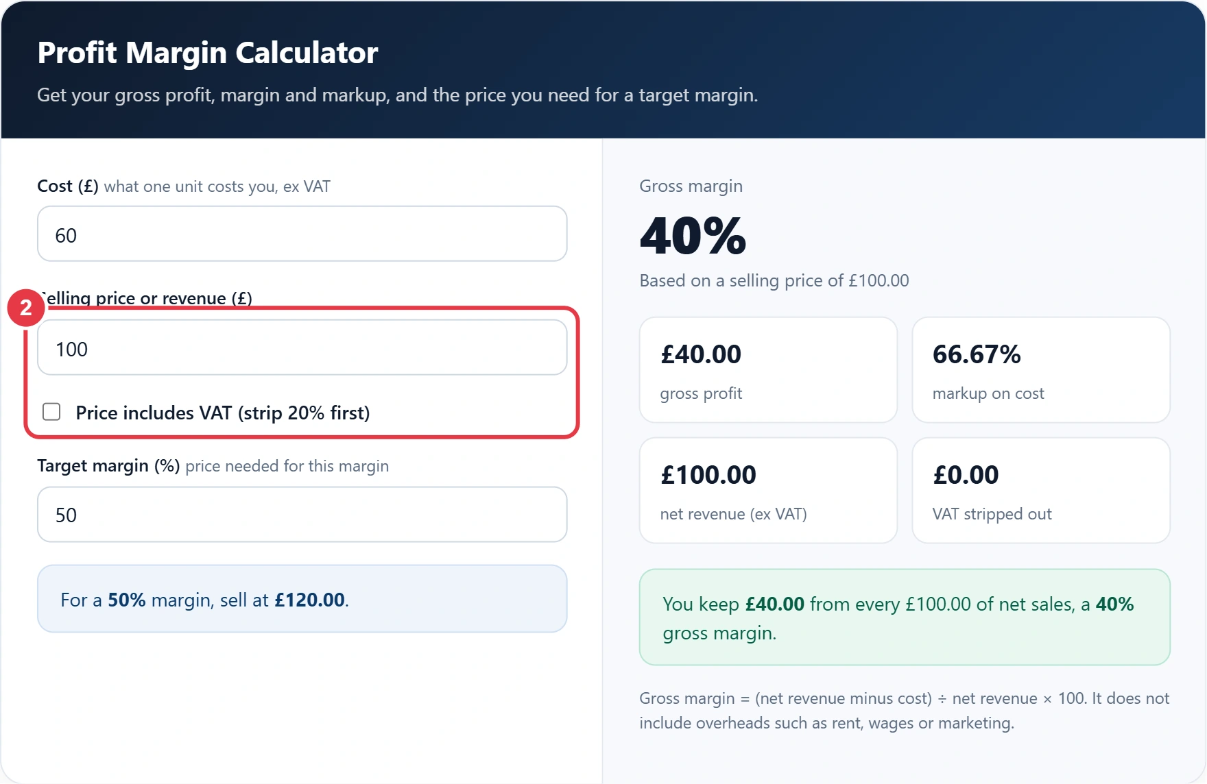 Step 2: enter the selling price and tick the box if it includes VAT