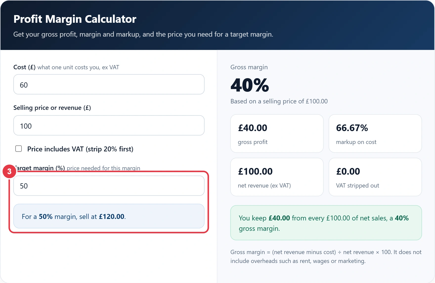 Step 3: set a target margin to see the price you need