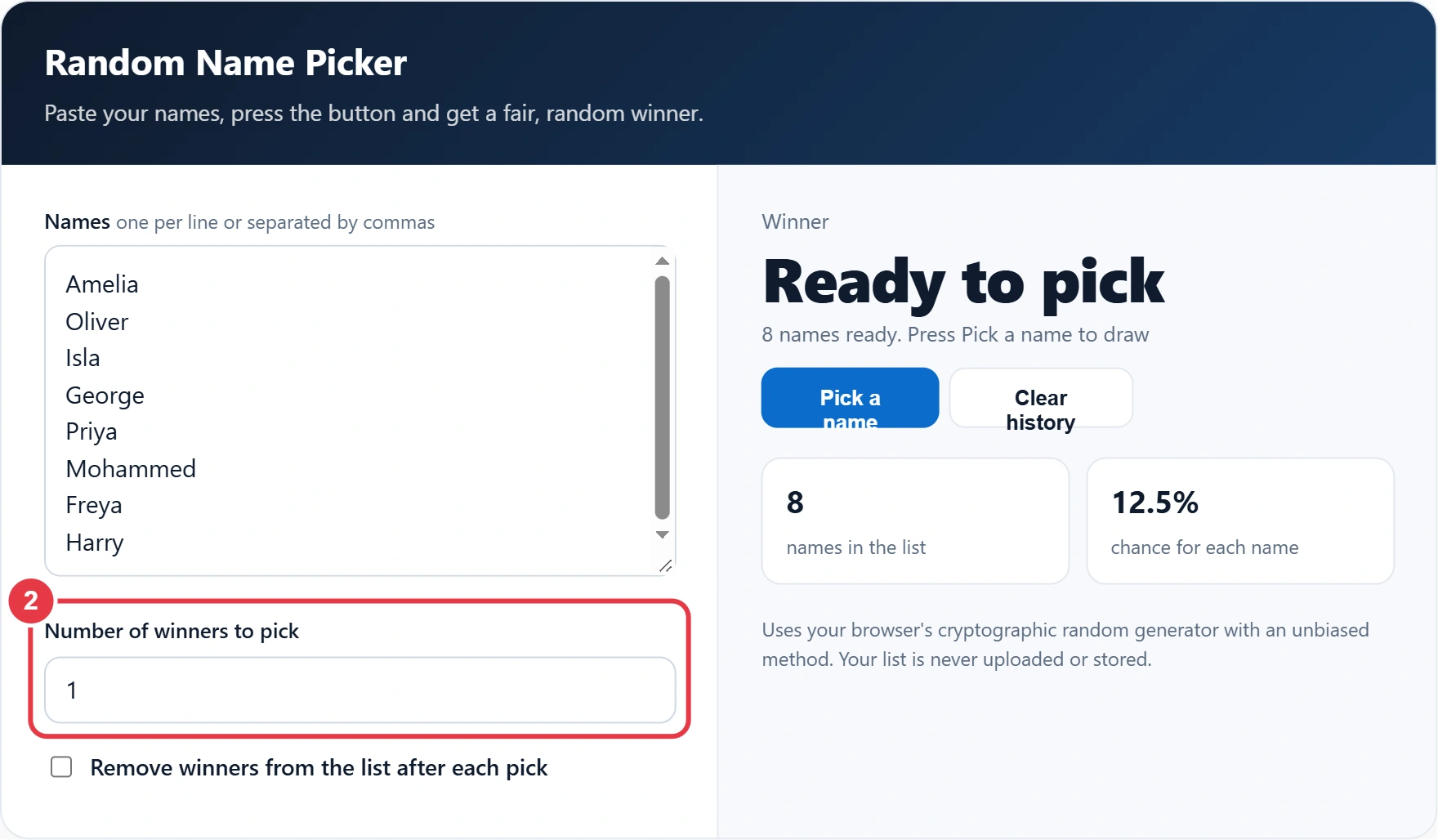 Step 2: choose how many winners to pick