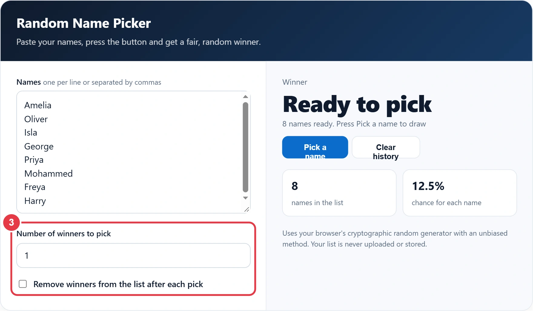 Step 3: choose whether to remove winners after each pick