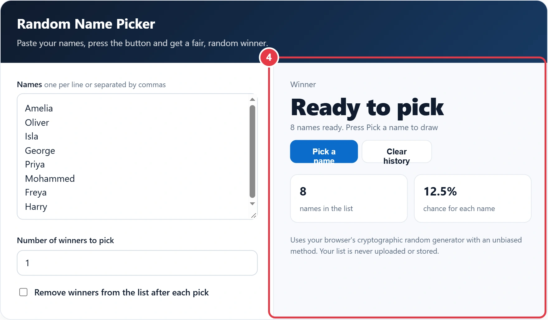 Step 4: press Pick a name and review the result