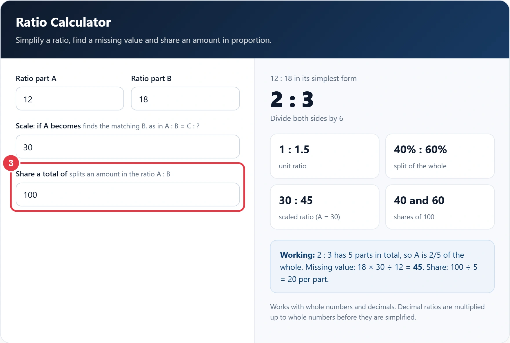 Step 3: enter a total to share in the ratio