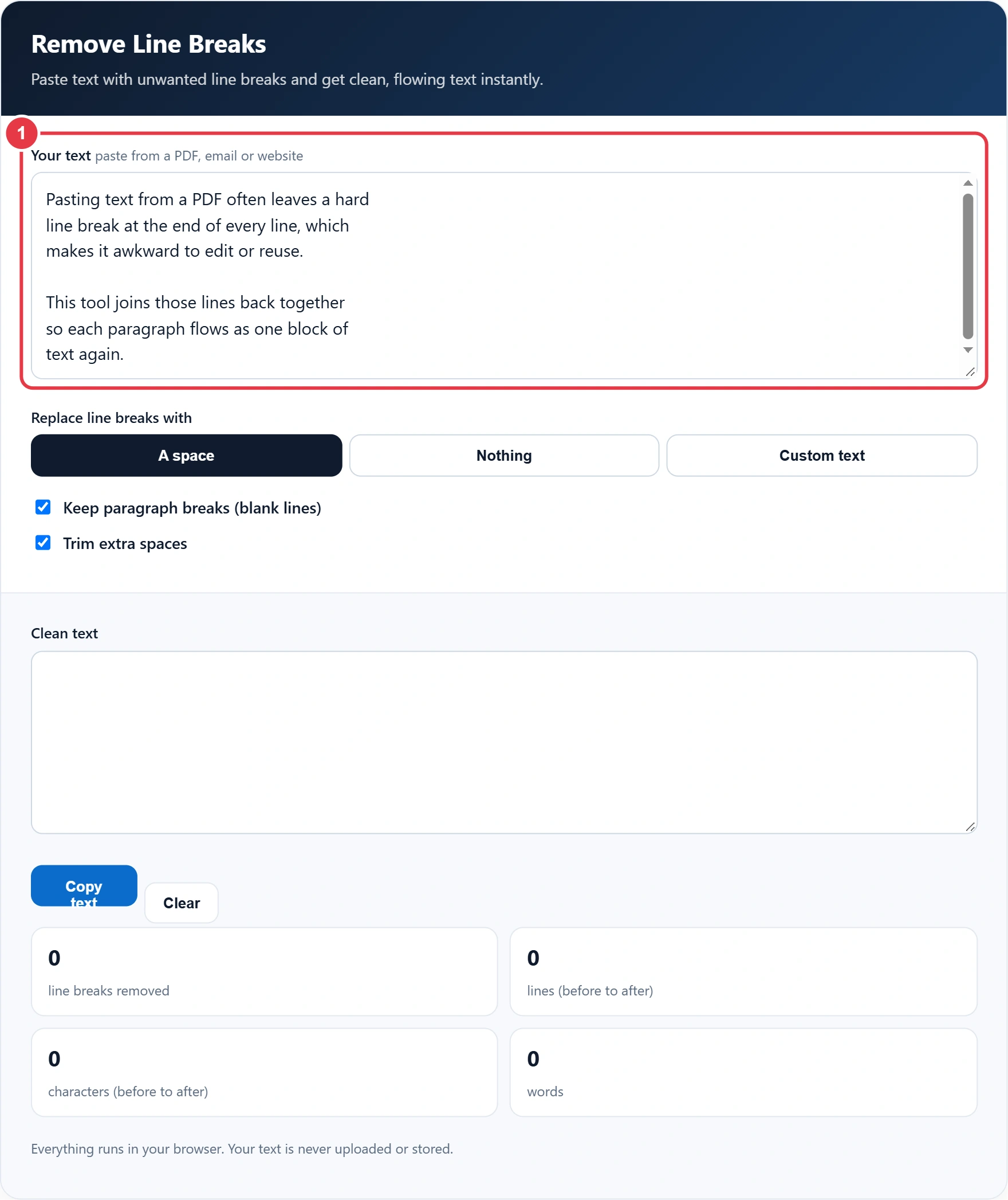Step 1: paste your text into the input box