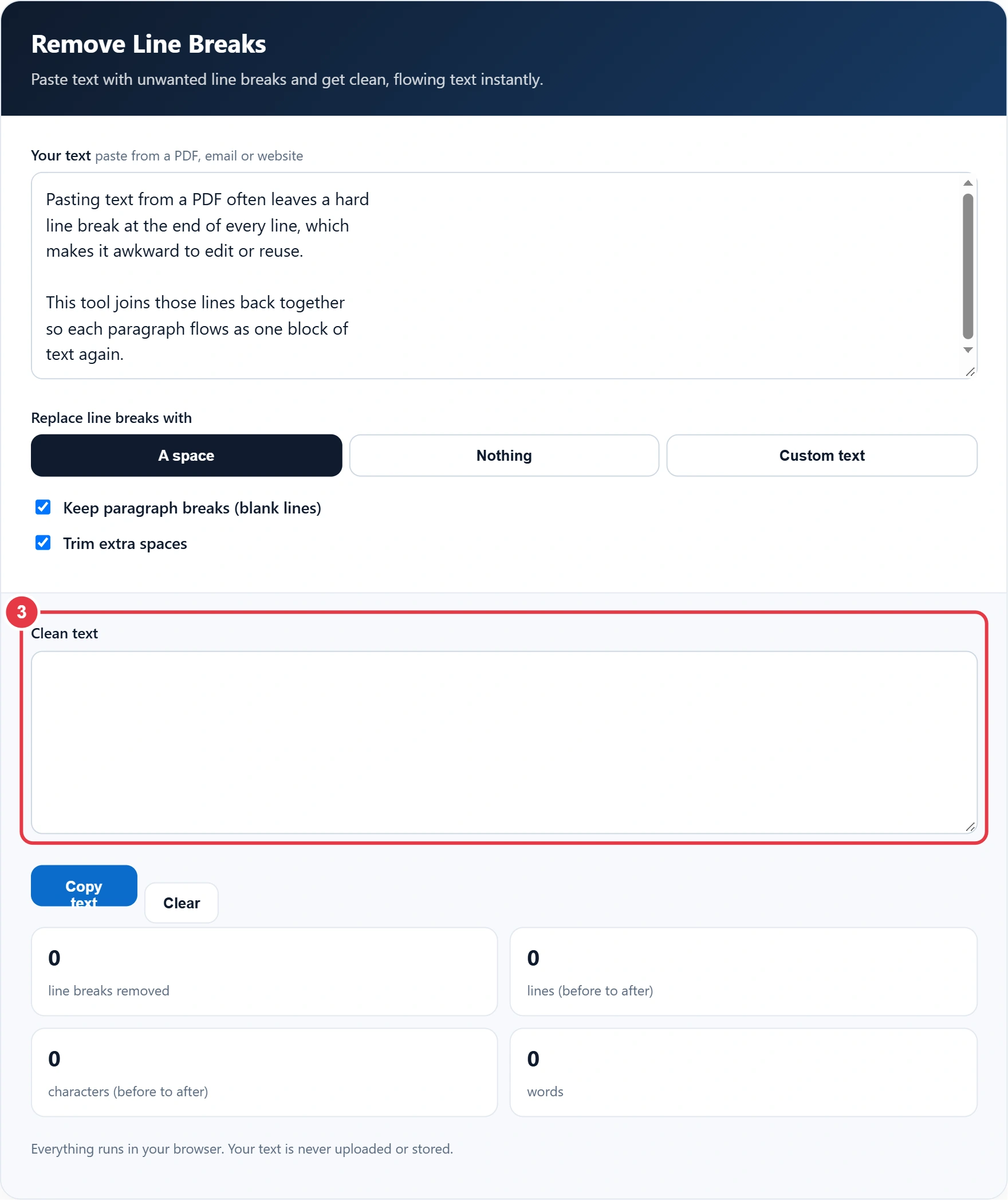 Step 3: check the clean text in the output box