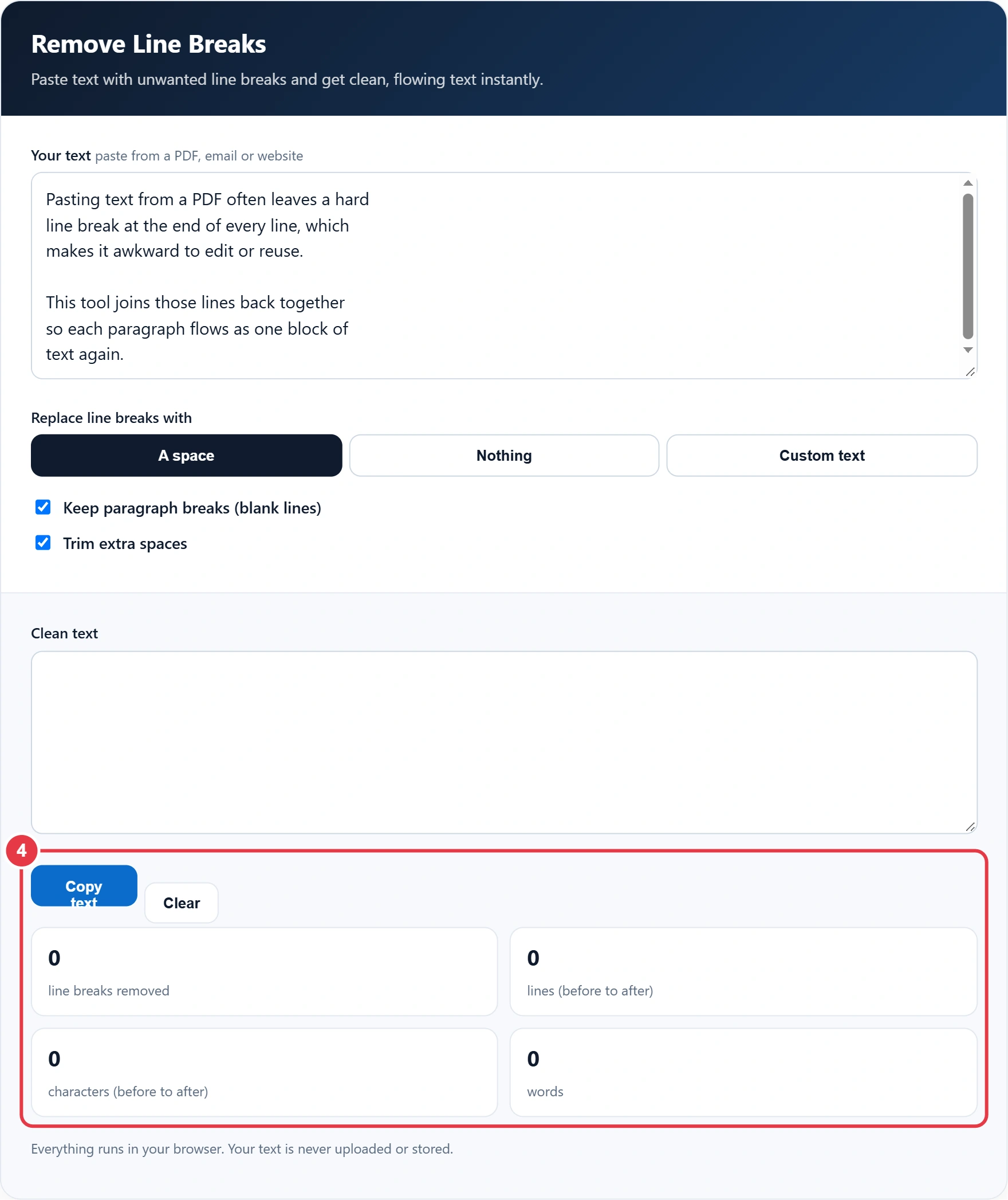Step 4: copy the result and review the text stats