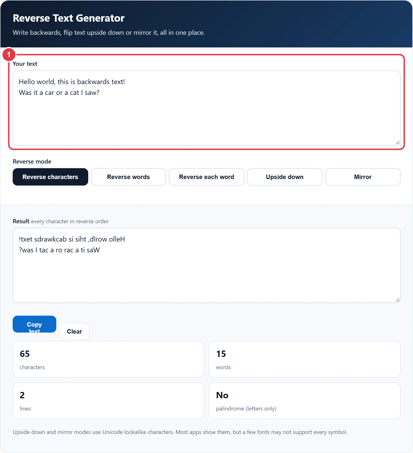 Step 1: type or paste your text into the input box
