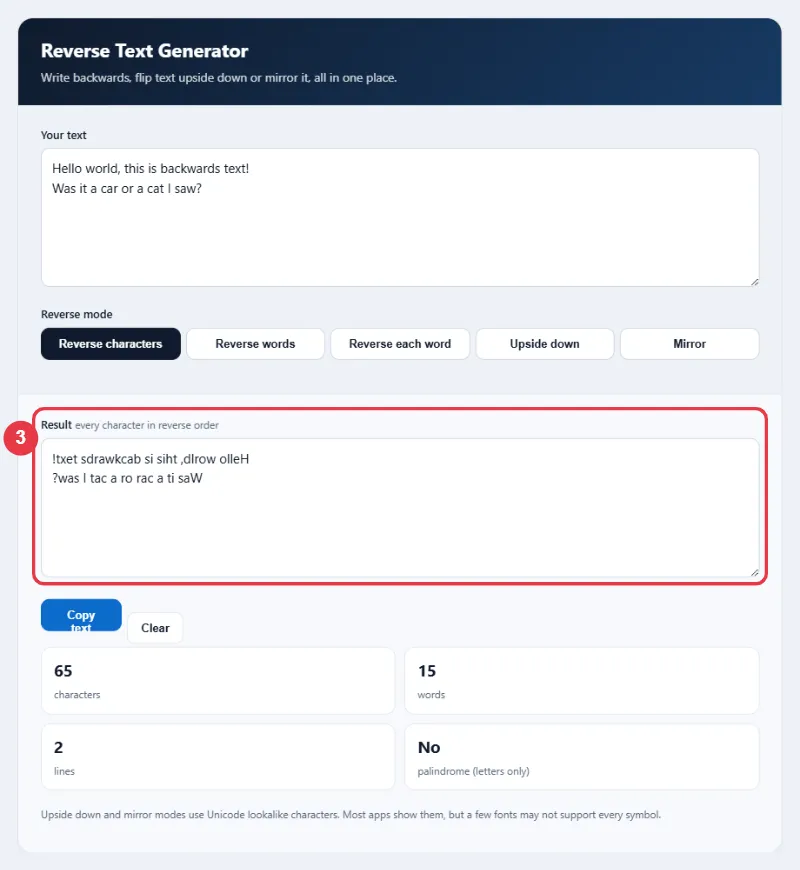 Step 3: read the reversed text in the result box