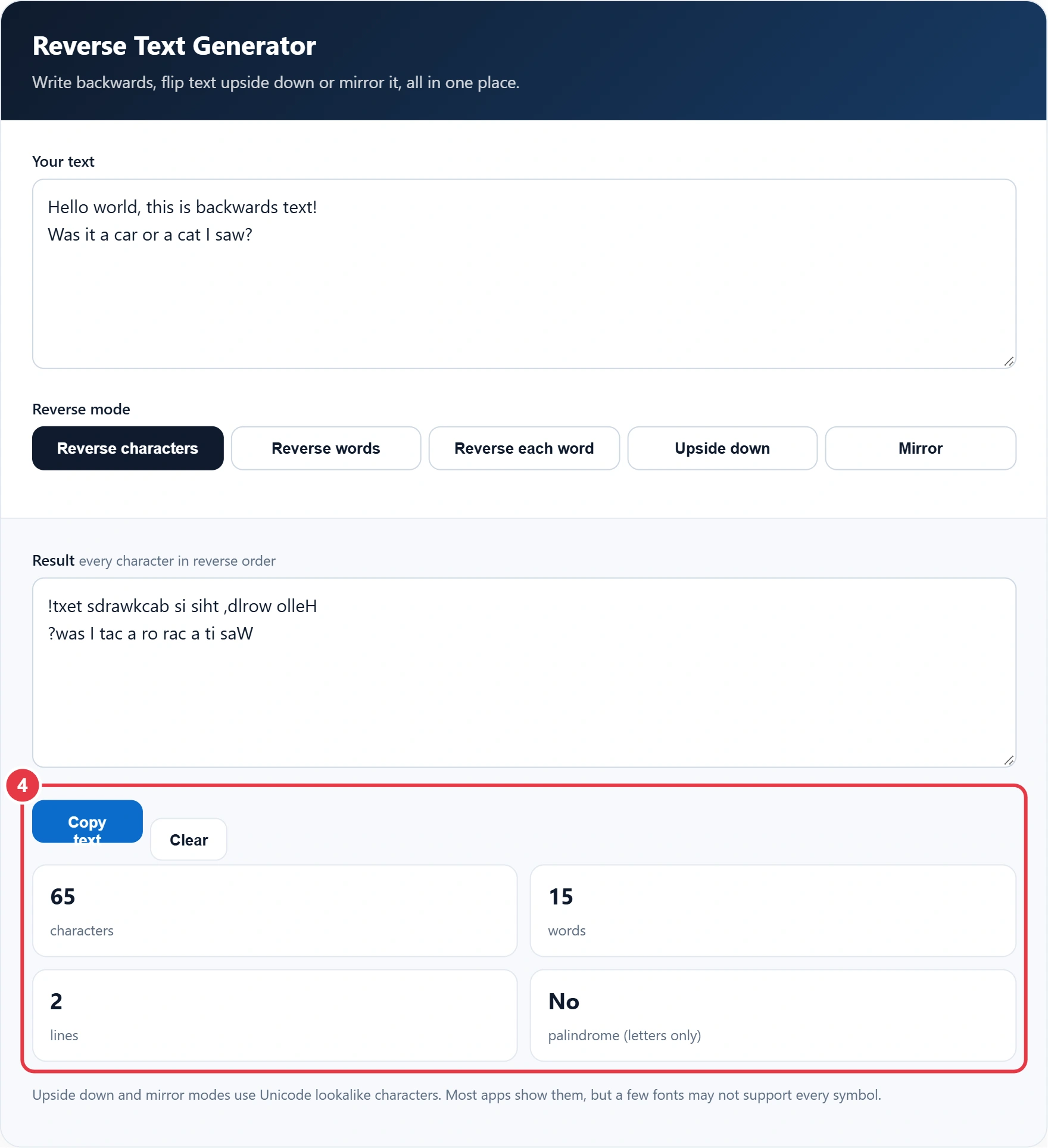 Step 4: copy the reversed text and check the stats