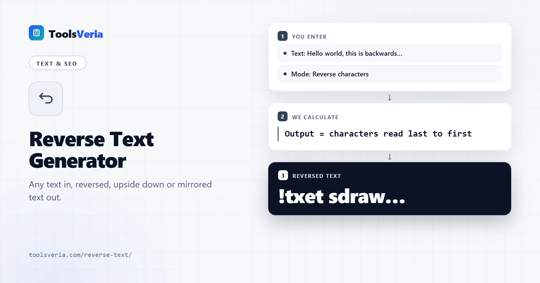 Reverse text generator showing backwards, upside down and mirror text modes