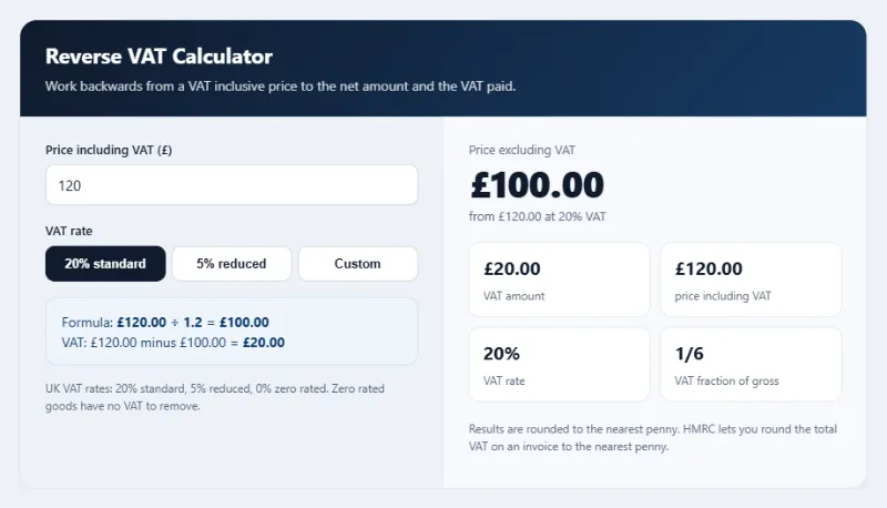 Reverse VAT calculator showing net price, VAT amount and formula