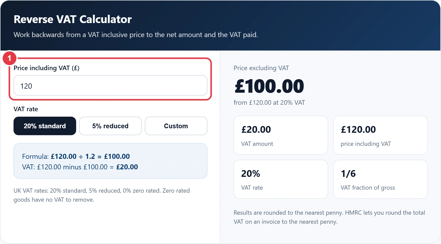 Step 1: enter the price including VAT