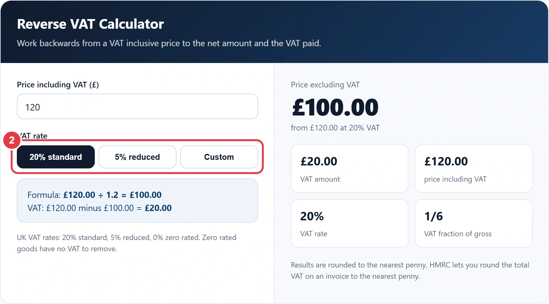 Step 2: choose 20%, 5% or a custom VAT rate