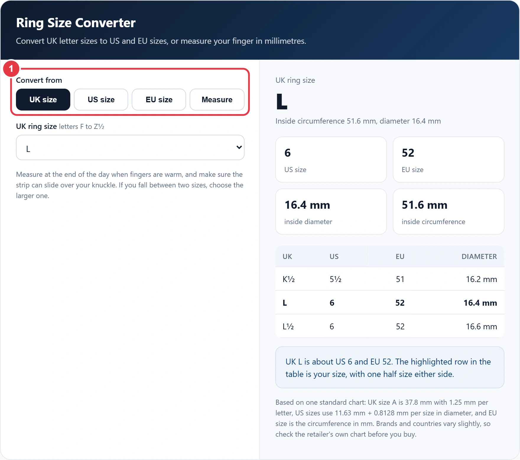 Step 1: choose the sizing system you want to convert from