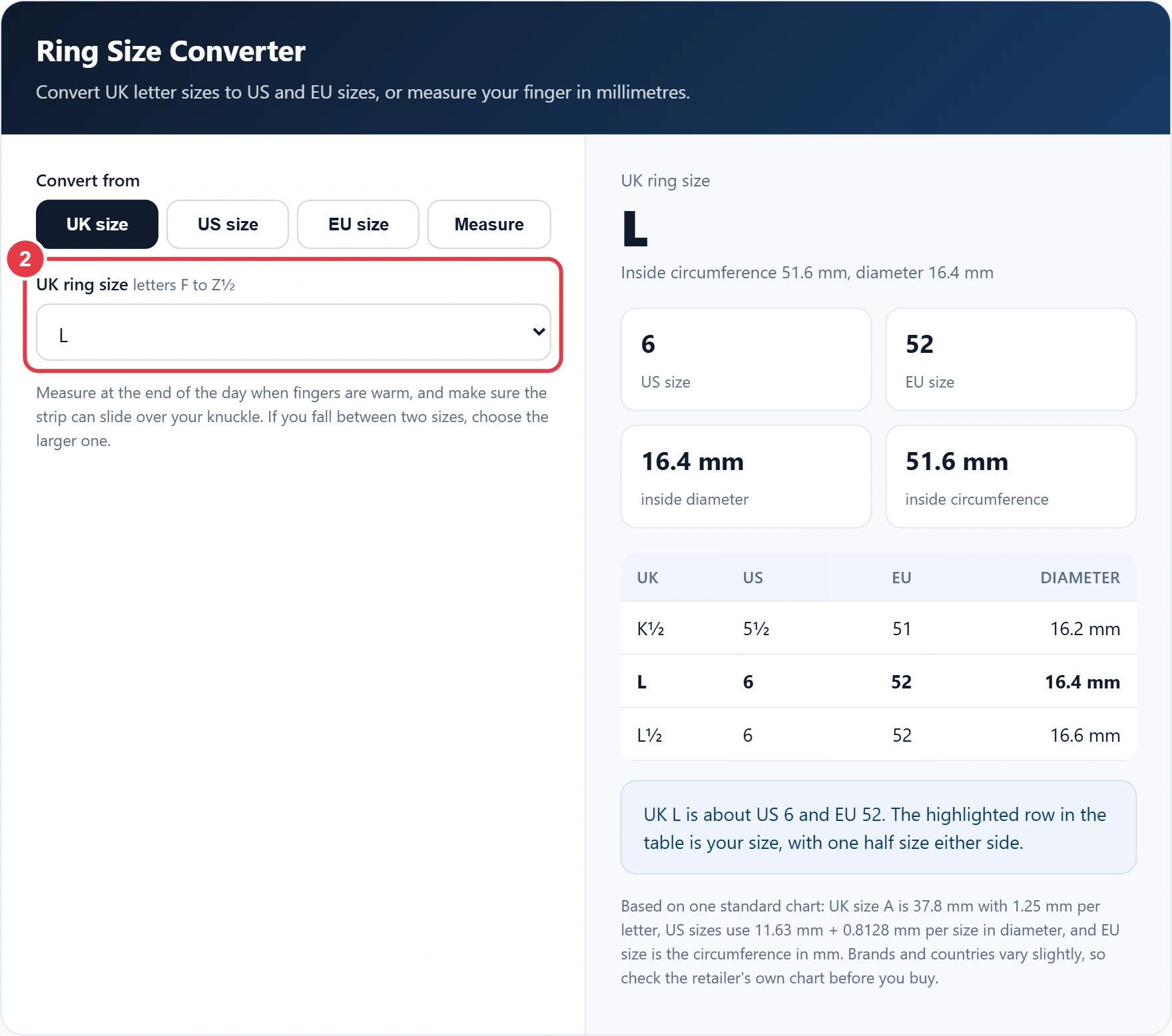 Step 2: select your ring size or enter a finger measurement in mm