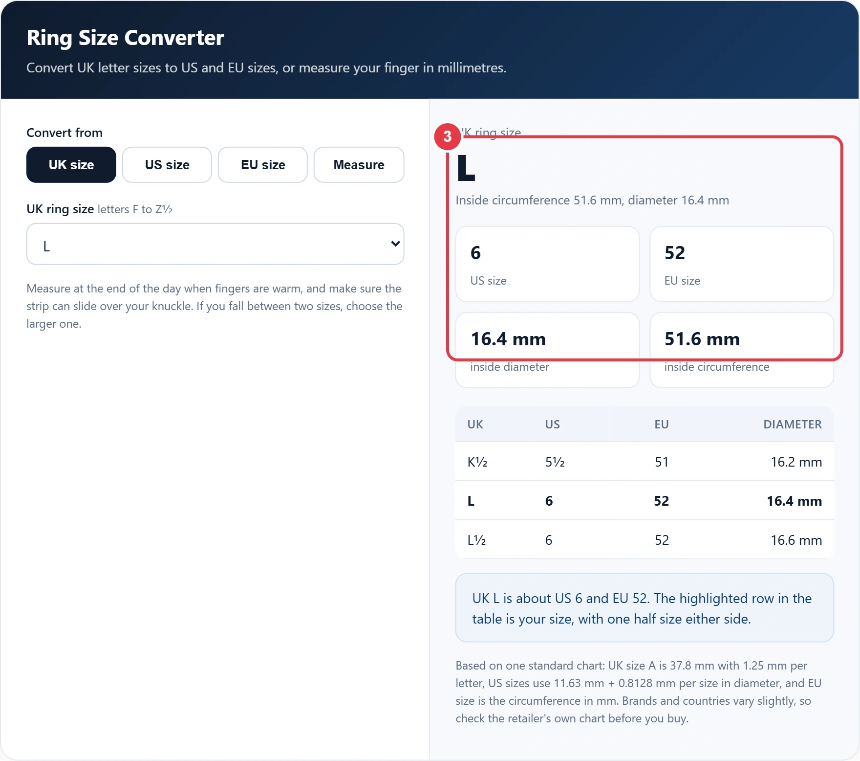 Step 3: read the US, EU and millimetre conversions