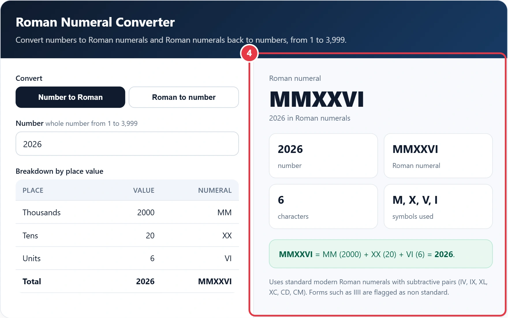 Step 4: read the converted Roman numeral or number