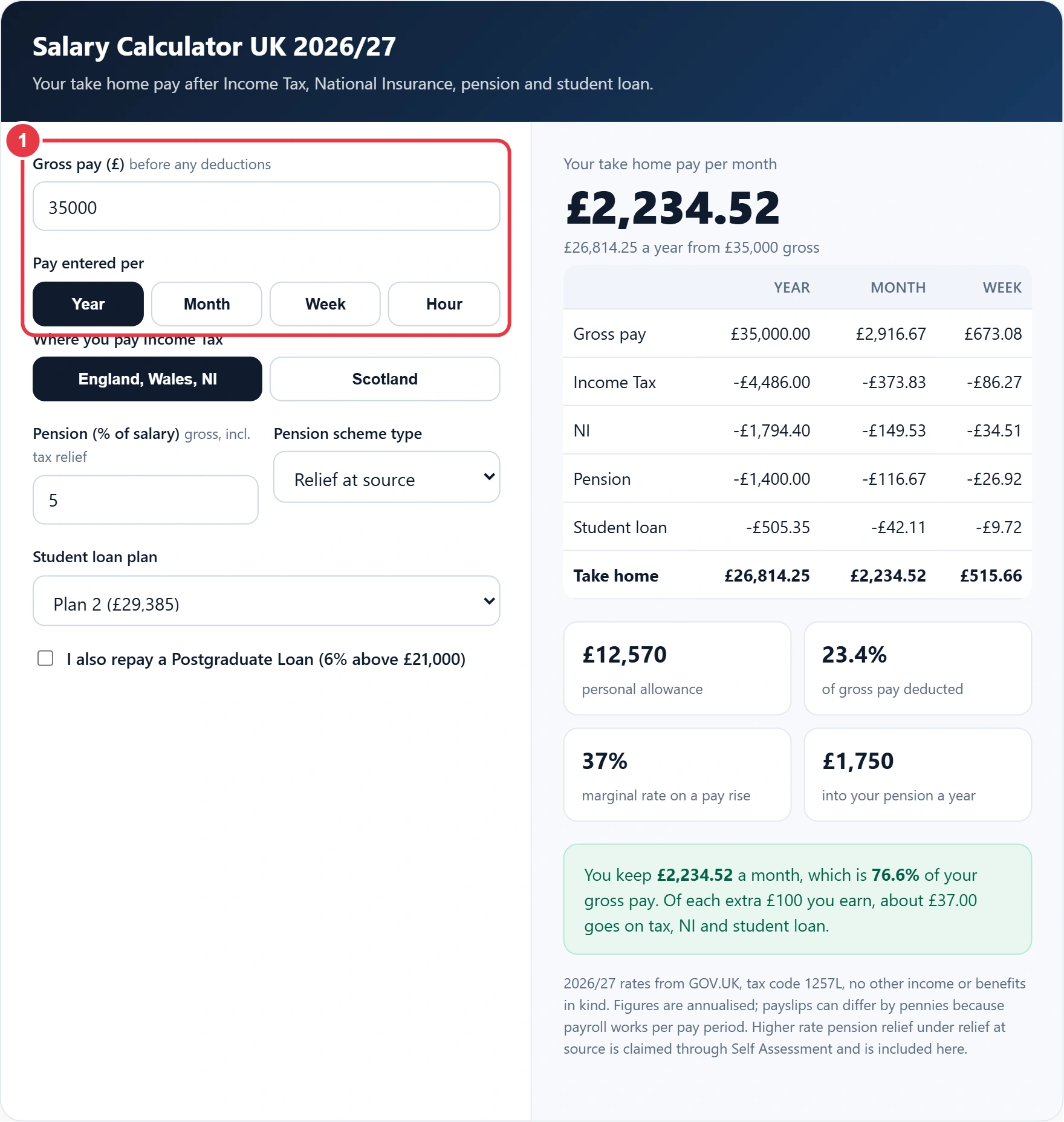 Step 1: enter your gross pay and choose year, month, week or hour