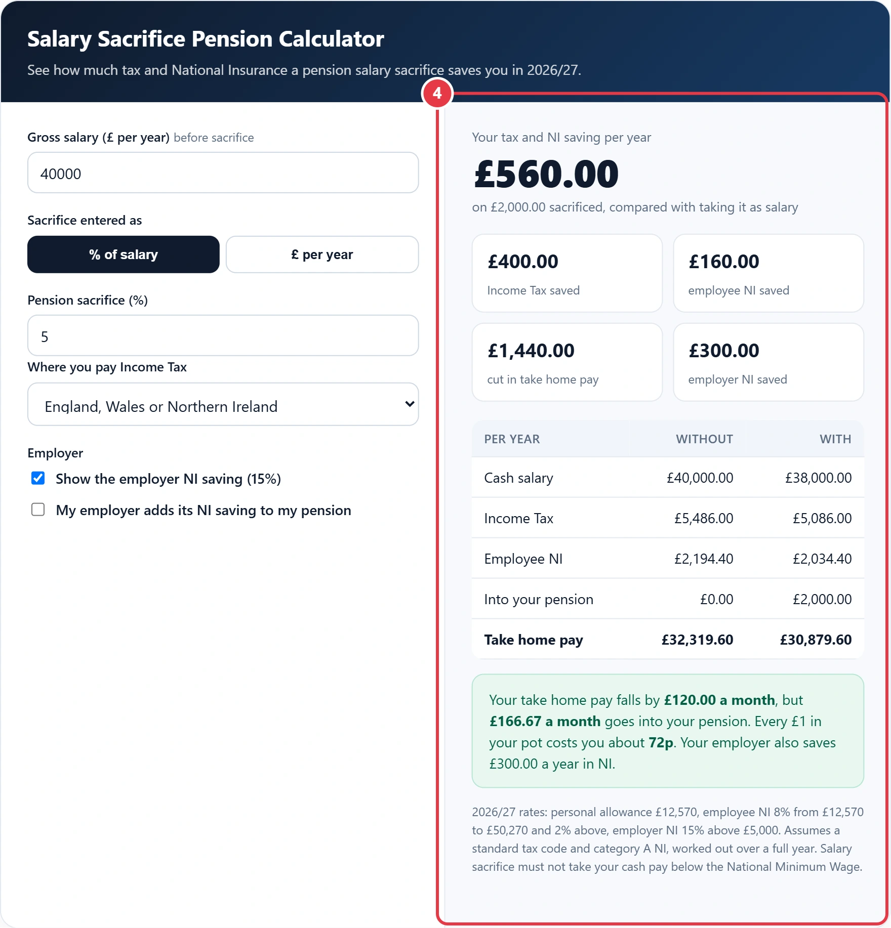 Step 4: read your tax and NI savings and new take home pay