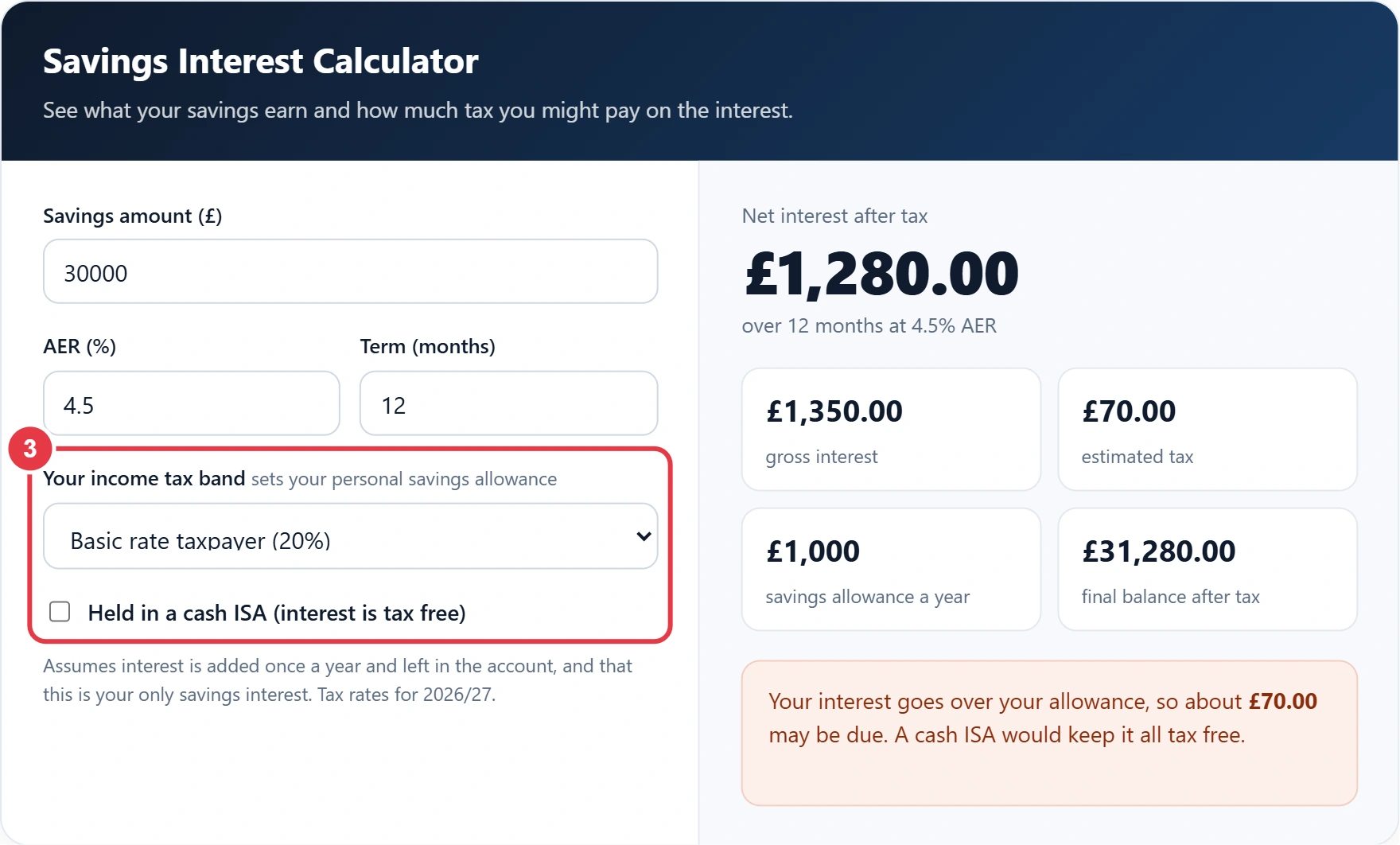 Step 3: choose your tax band and tick ISA if it applies