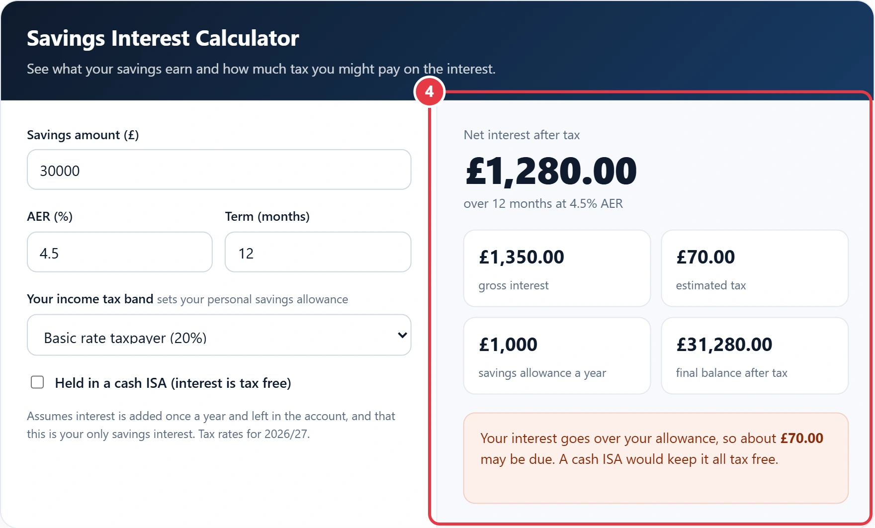 Step 4: read your gross interest, tax and net interest