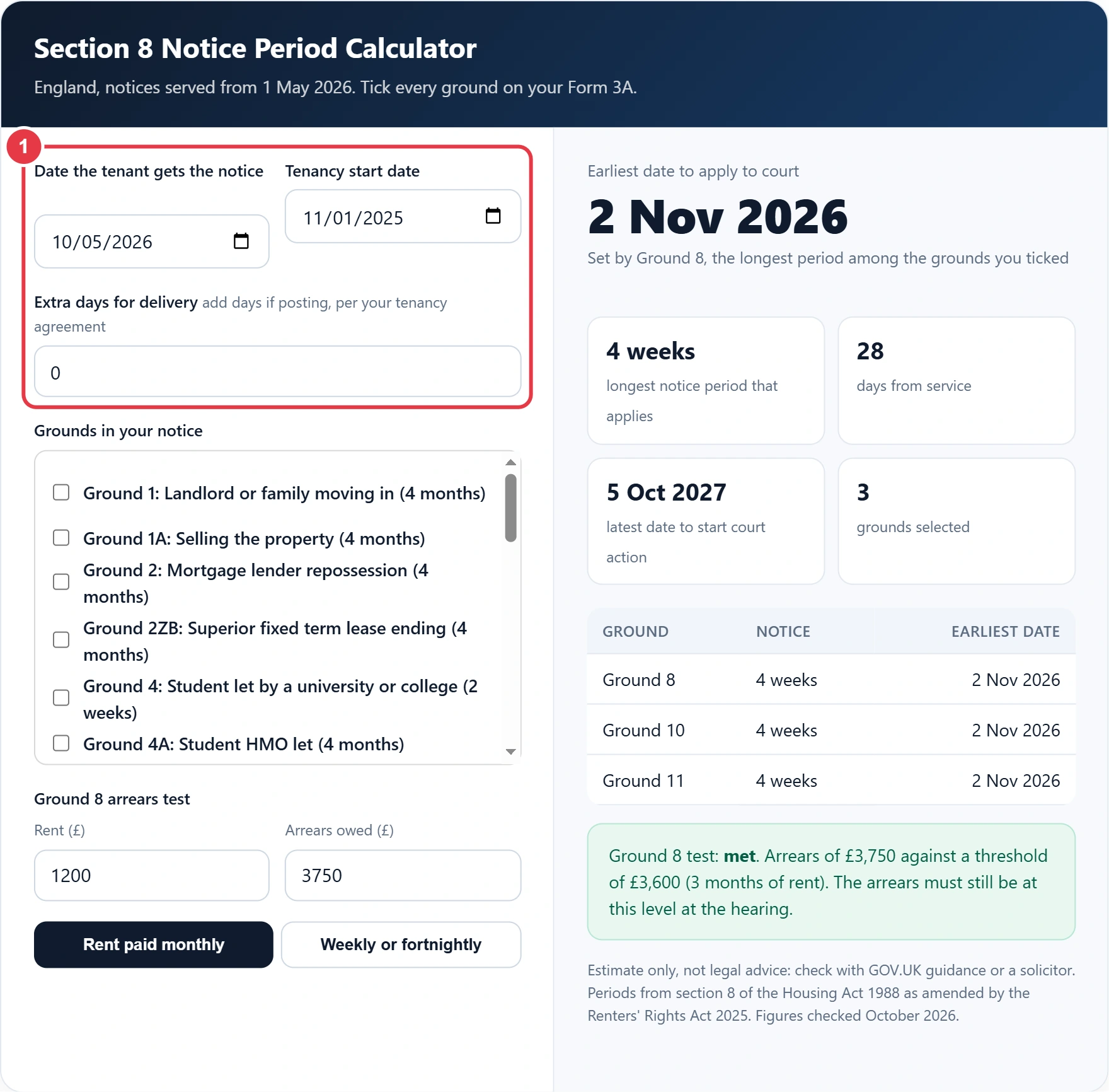 Step 1: enter the date the tenant gets the notice and the tenancy start date