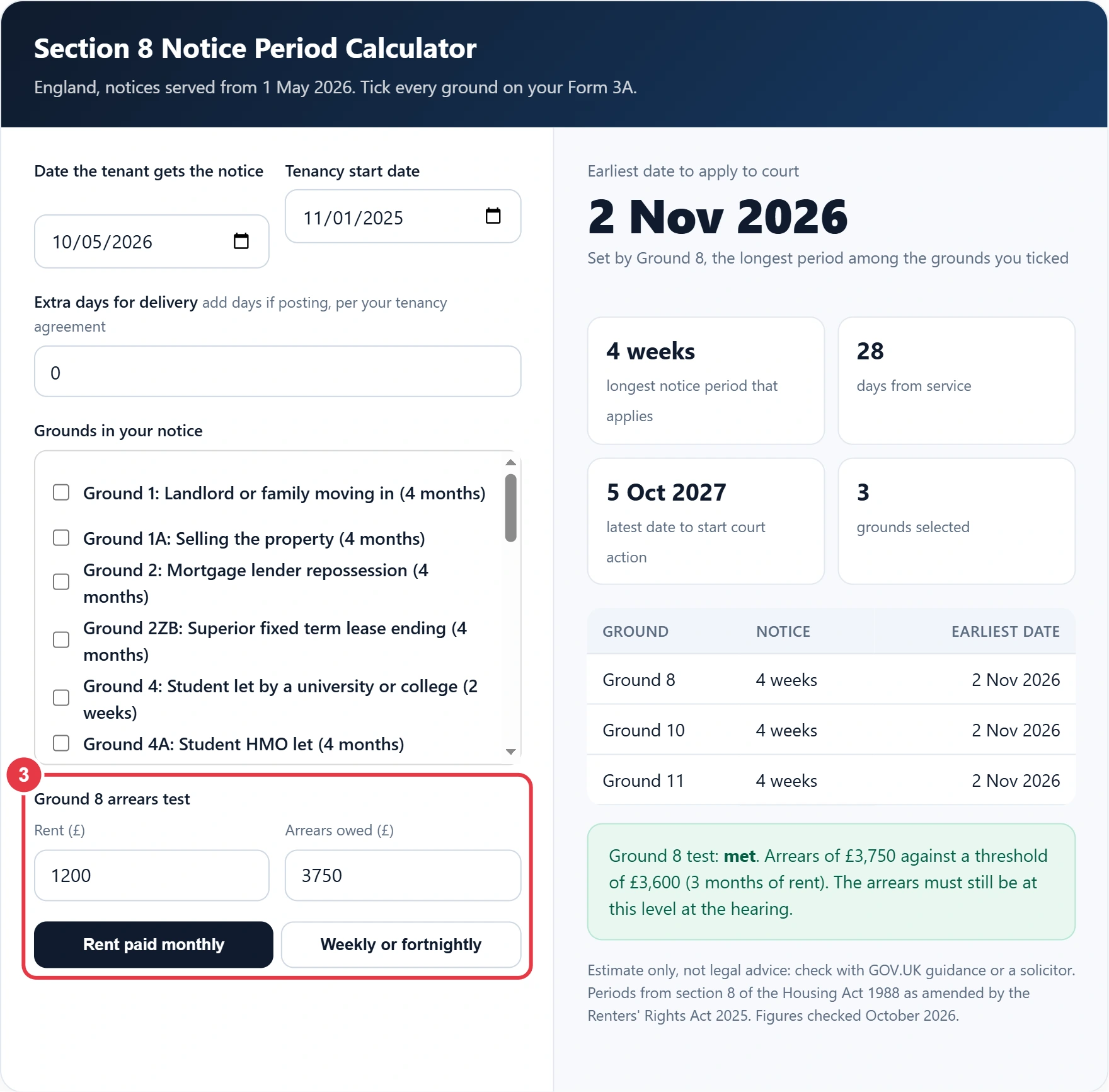 Step 3: check the Ground 8 rent arrears threshold