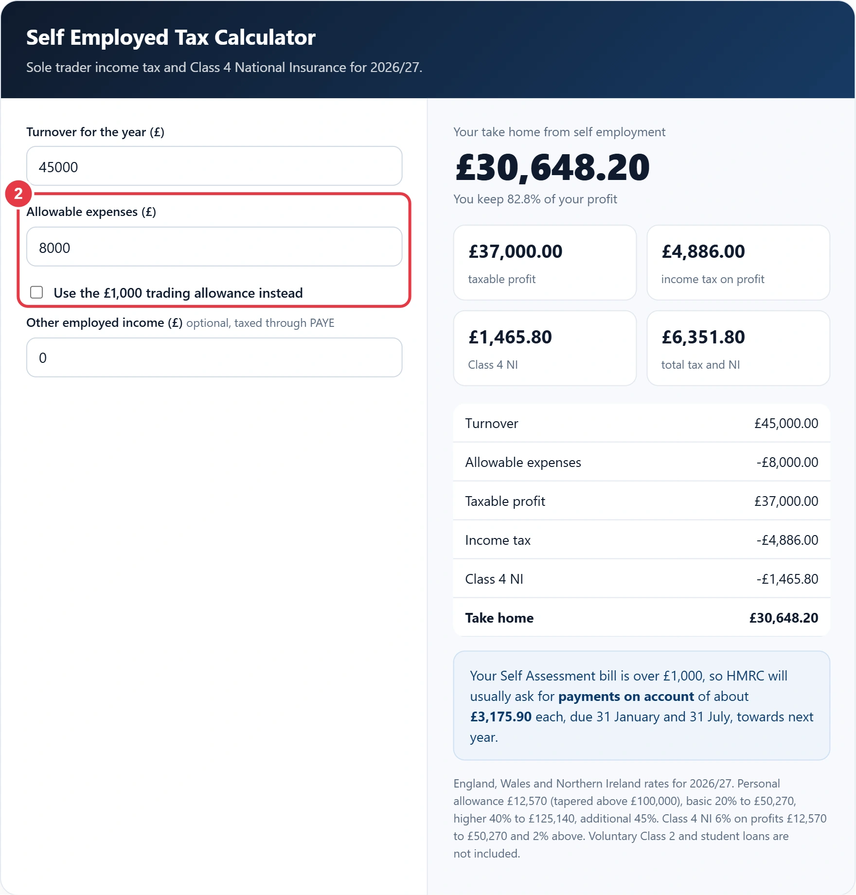 Step 2: enter allowable expenses or use the trading allowance