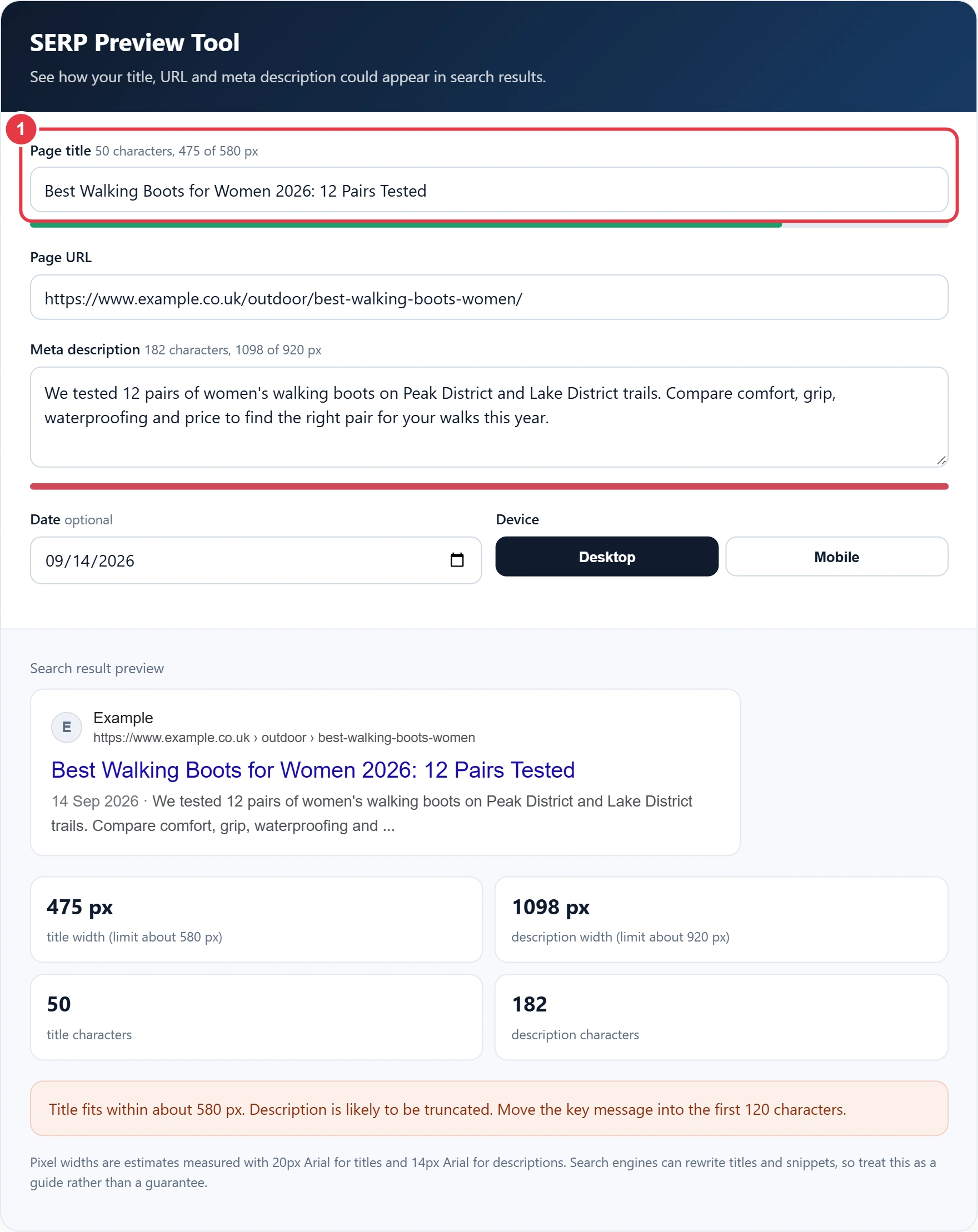 Step 1: enter your page title and watch the pixel width bar