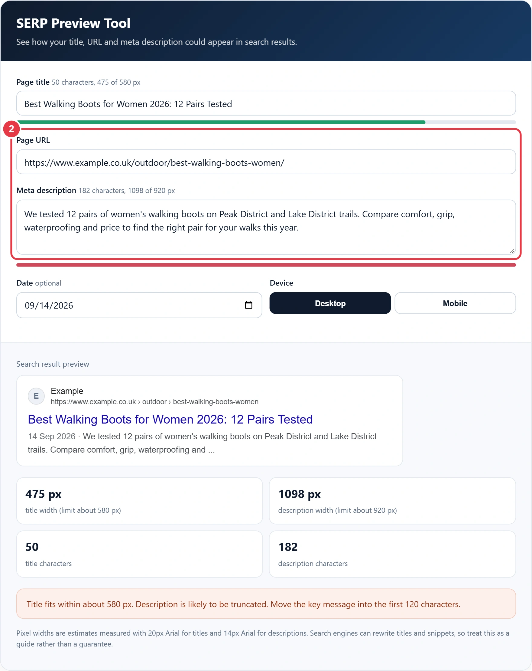 Step 2: add the page URL and meta description