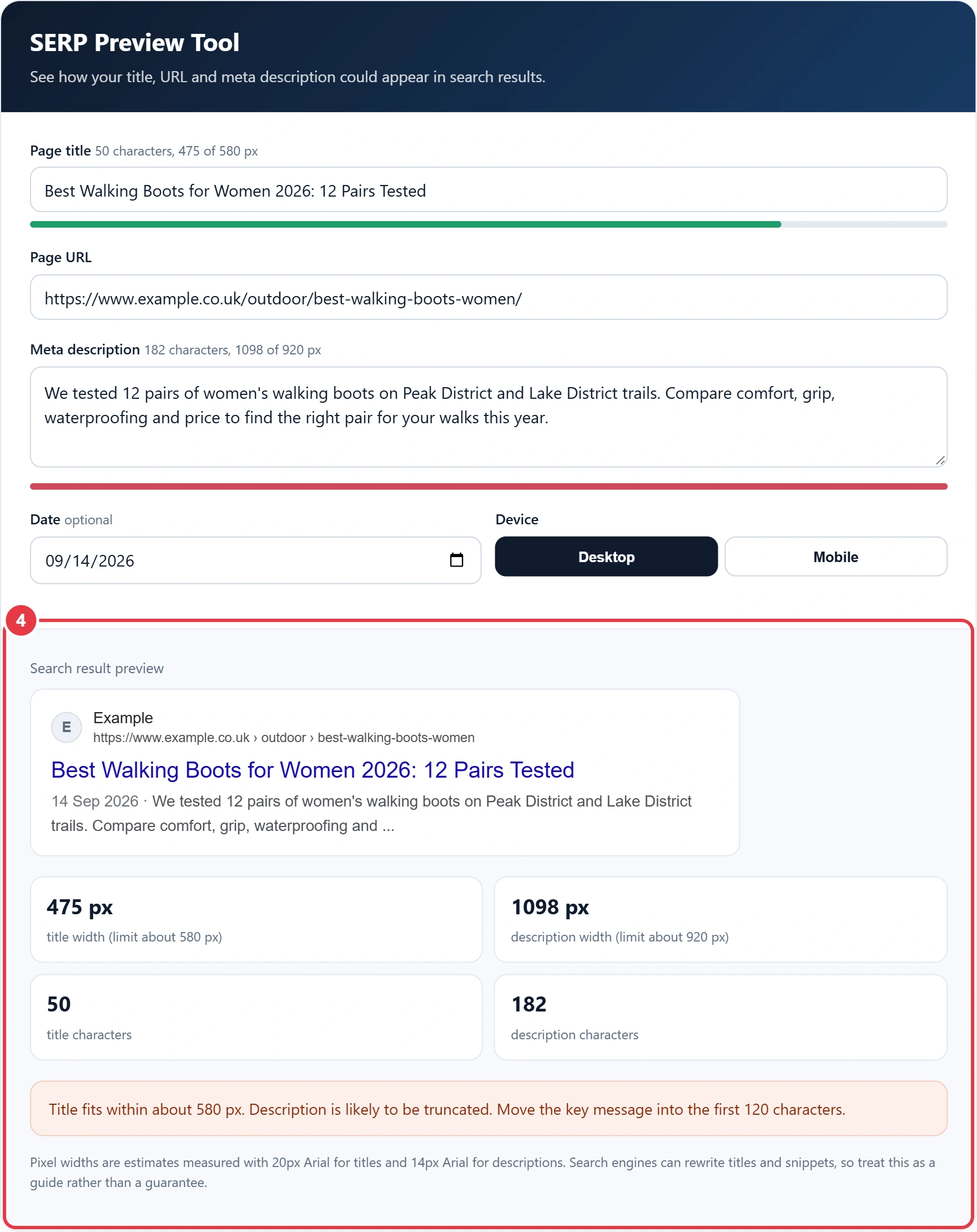 Step 4: review the search result preview and length checks