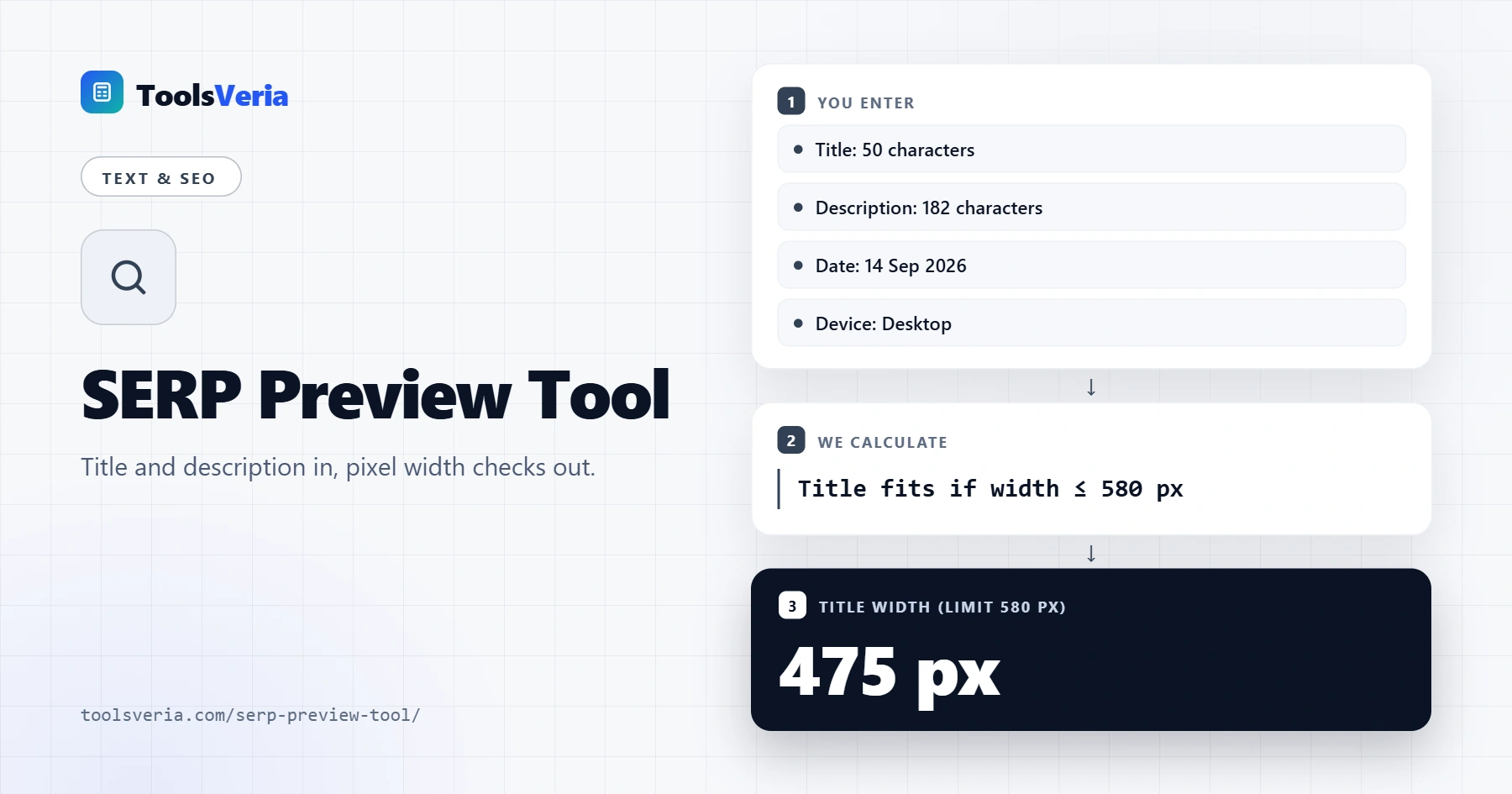 SERP preview tool showing a search result with title and description pixel width checks